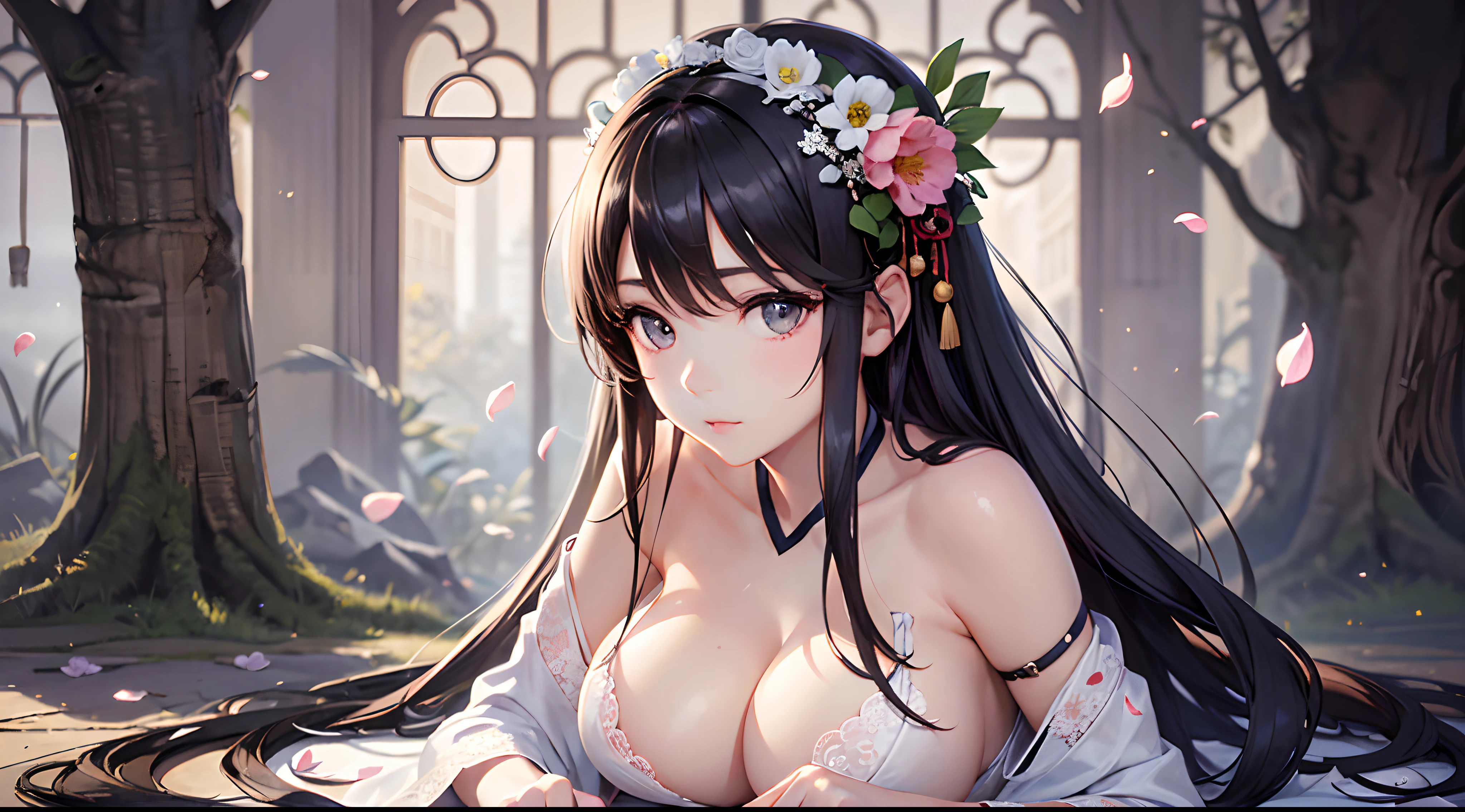 (: 1.5), Lace, ribbon, Hanfu, (Masterpiece, Side light, Delicate and beautiful gray eyes: 1.2), Masterpiece, Realistic, Glowing eyes, Shiny hair, Dark hair, Long hair, Shiny skin, Solo, No shoulder strap, Delicate, Beautiful, sonoko, Flowers, Fluttering petals,huge tit，Giant buttocks