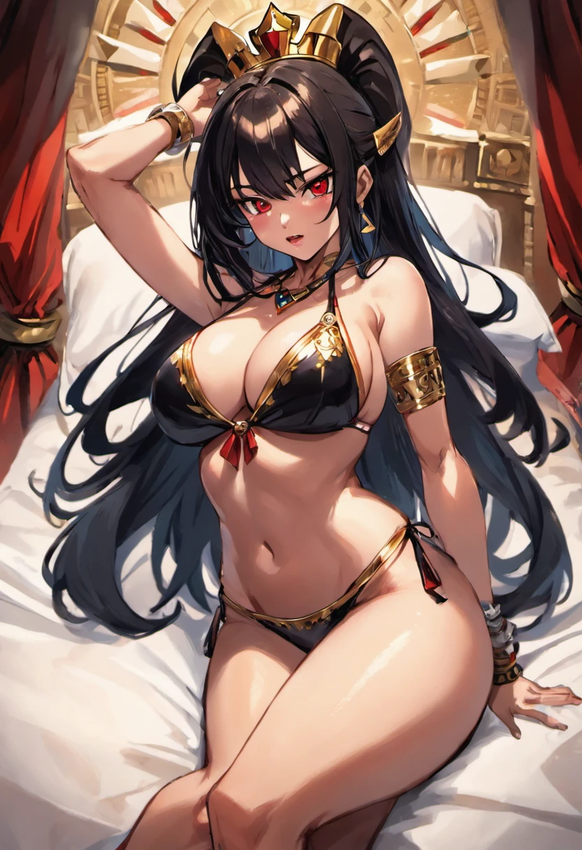 masterpiece, detailed, 1girl, sexy, beautiful, fair skin, long black hair, asian, egyptian bikini, queen, red lips, showing armpits, palace, on the bed, egyptian themed, large breasts, hot, day, sunny,