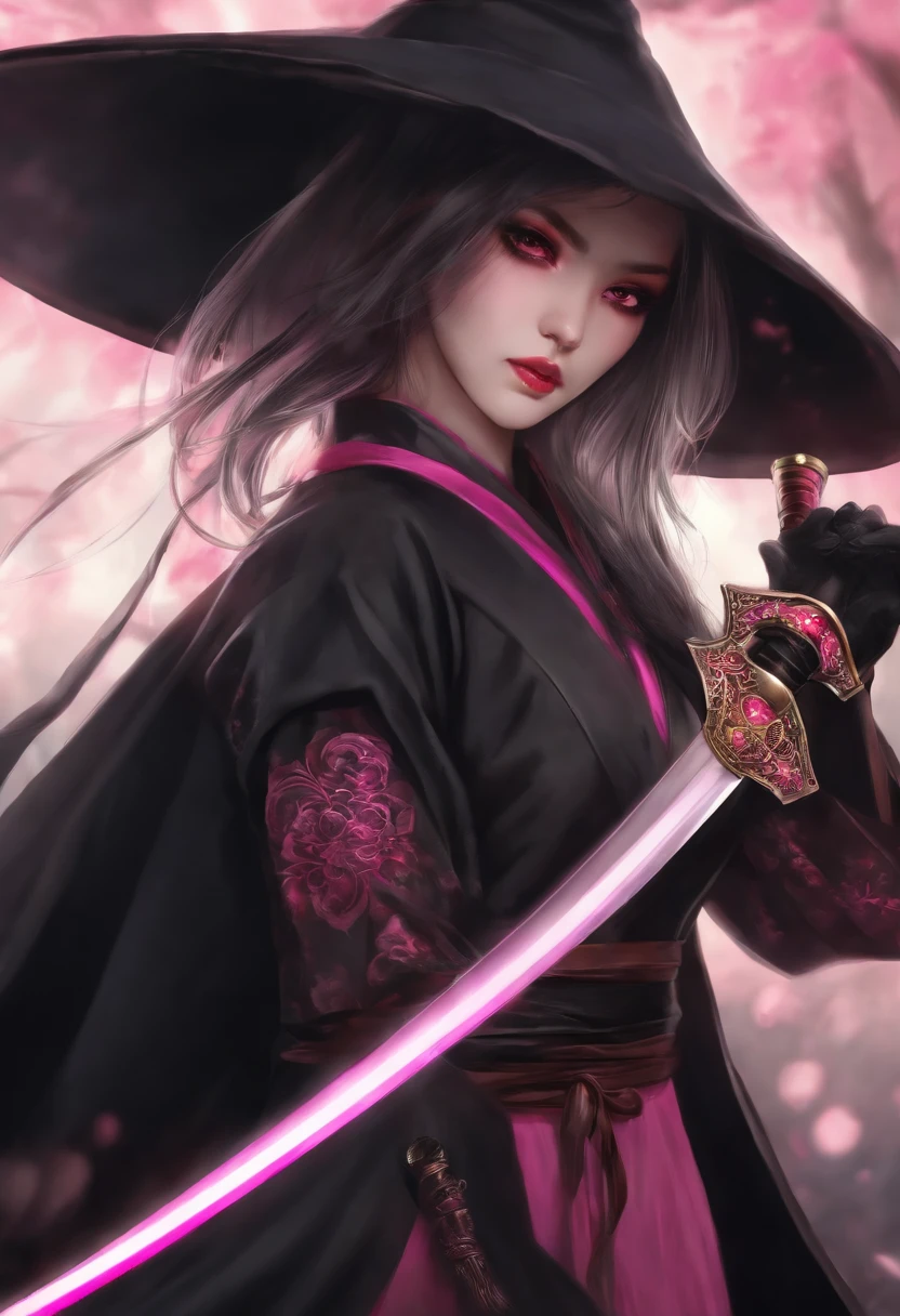 katana with a black aura and two sides color pink