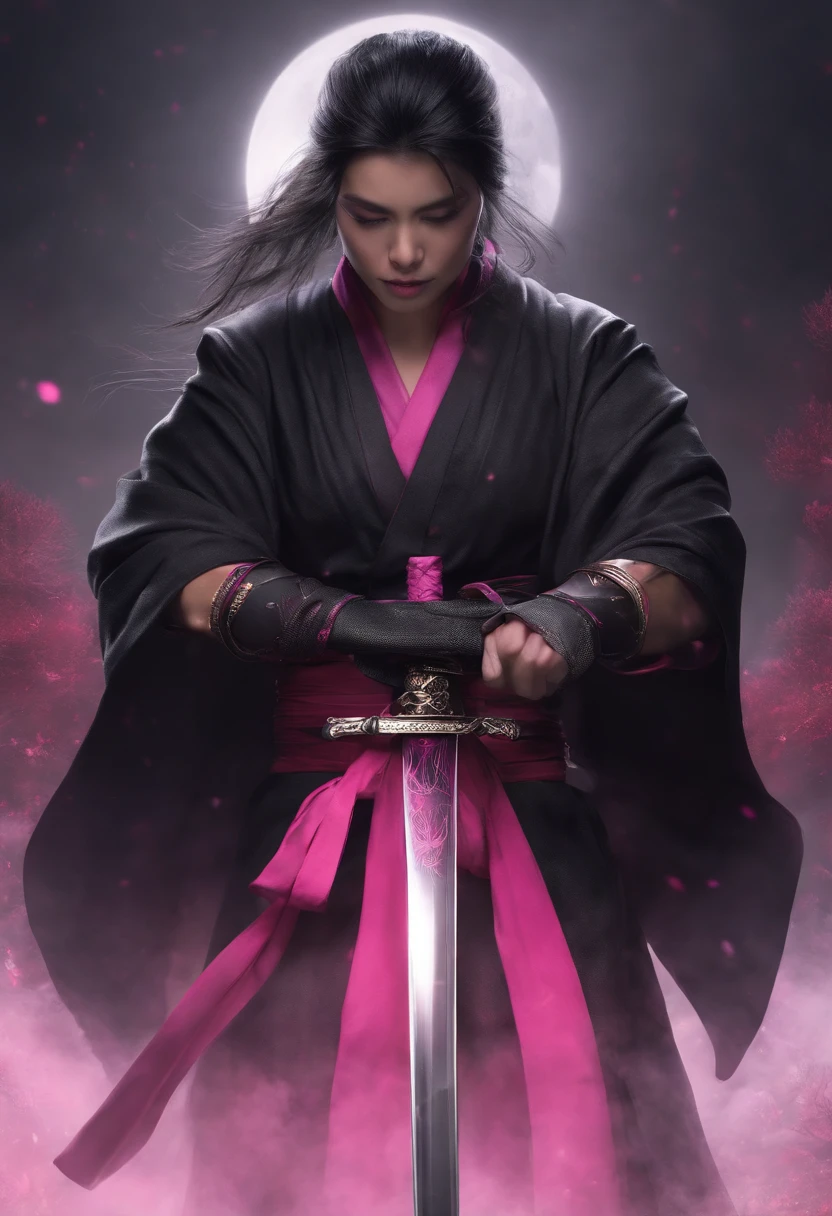 katana with a black aura and two sides color pink