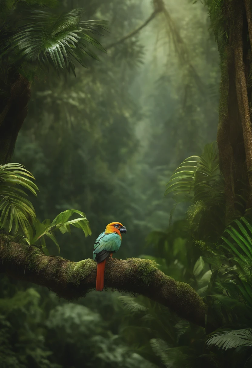 African rainforest，bird's eyes view，Hyper-realistic style，There are wild animals in a hyperrealistic style