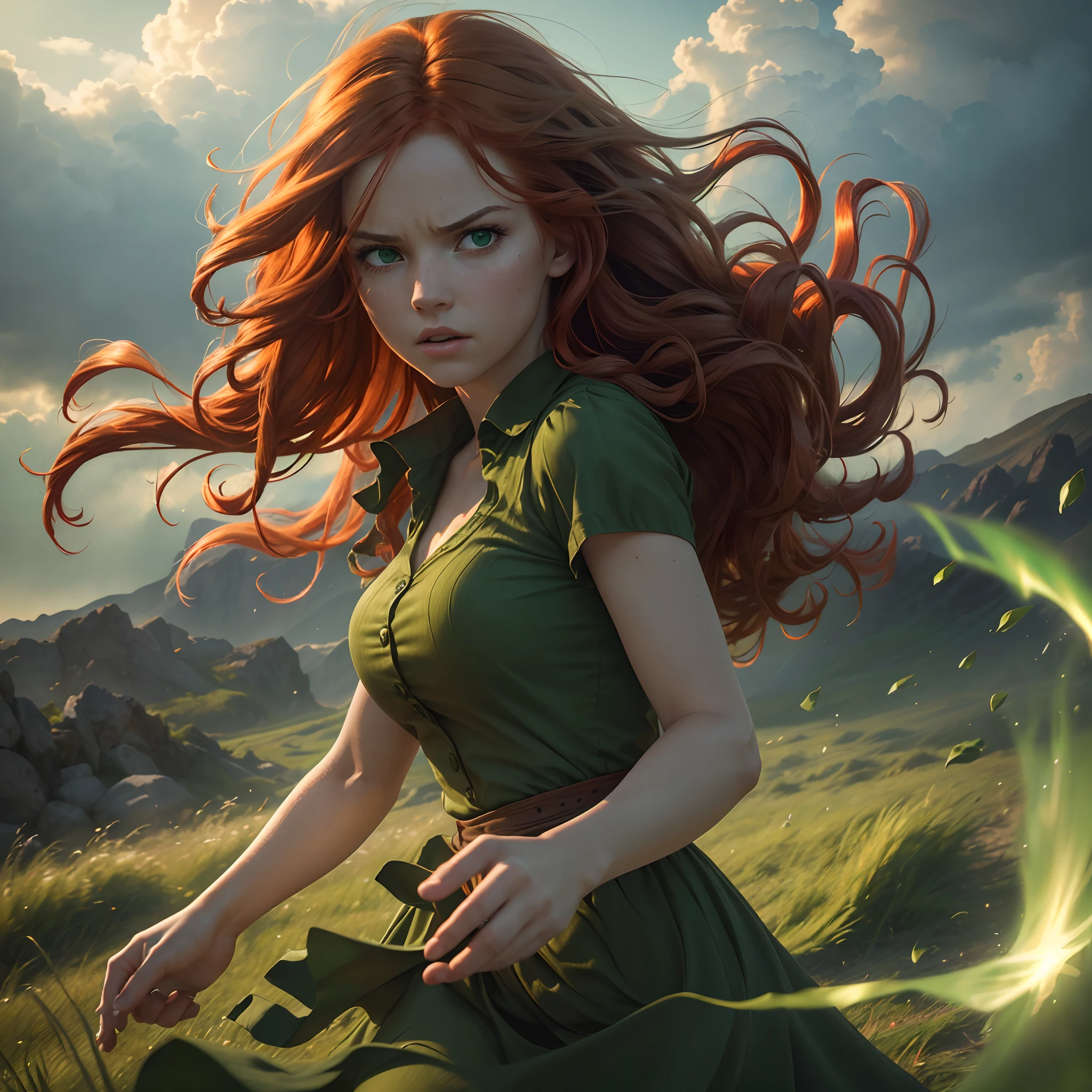 (best quality,4k,8k,highres,masterpiece:1.2),ultra-detailed,(realistic,photorealistic,photo-realistic:1.37),a girl with soft red hair, hair blowing in the wind, angry eyes emitting intense green rays, a tornado of wind swirling around her, green rays coming out of her hands