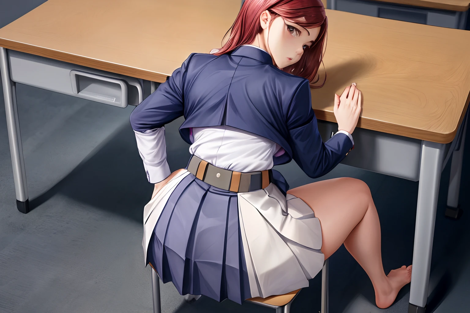 masterpiece, best quality, nobara, school uniform, skirt, panties under skirt, feet focus, extreme back arch, medium butt, defined butt, school classroom, sitting on desk, prominent butt crack, looking at viewer, without shoes, schoolgirl uniform, (students looking at her:1.3), seductive, seductive expression