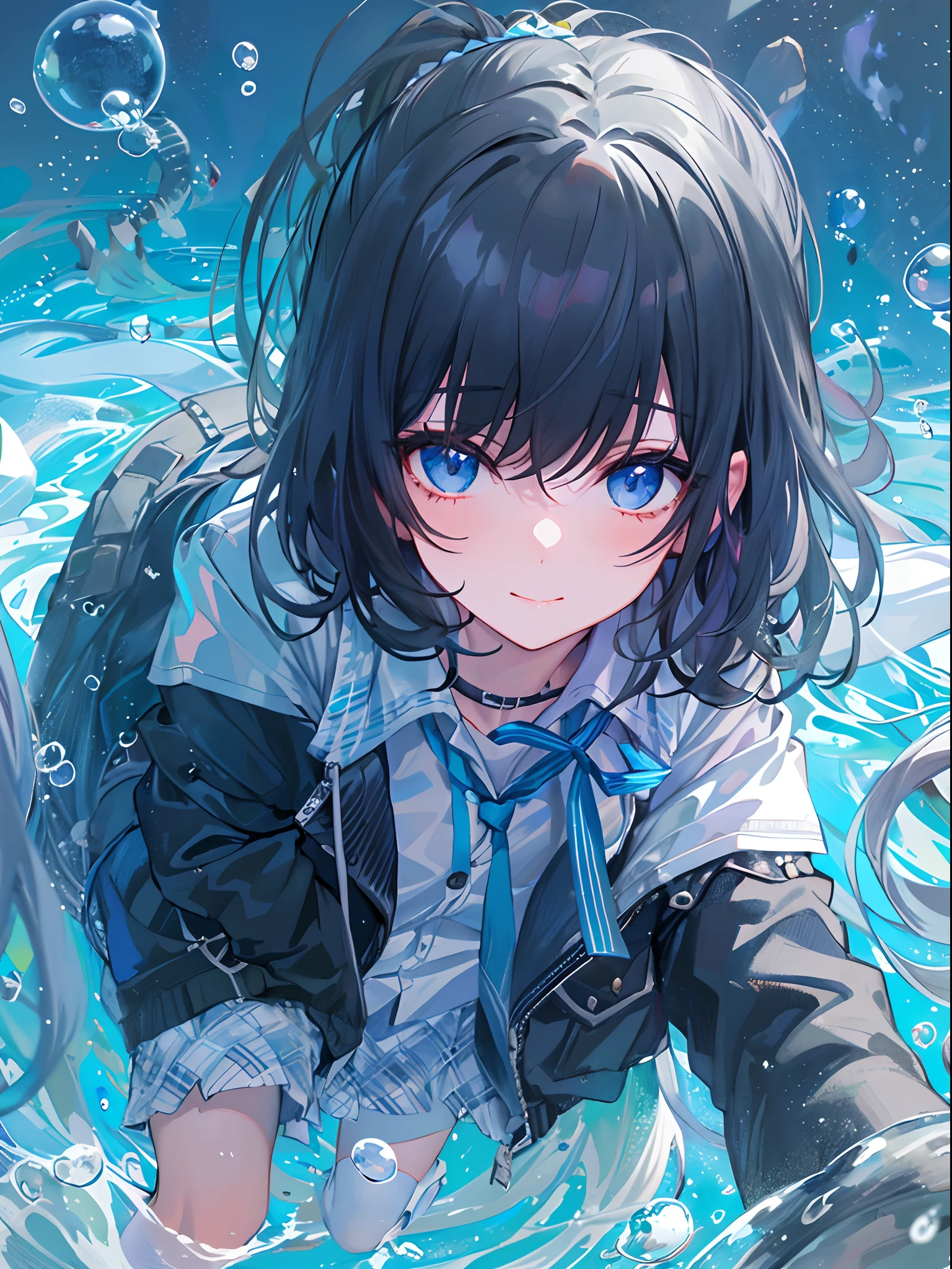 ((top-quality)), ((​masterpiece)), ((ultra-detailliert)), (extremely delicate and beautiful), girl with, 独奏, cold attitude,((Black jacket)),She is very(relax)with  the(Settled down)Looks,A dark-haired, depth of fields,evil smile,Bubble, under the water, Air bubble,bright light blue eyes,Inner color with black hair and light blue tips,Cold background,Bob Hair - Linear Art, shortpants、knee high socks、White uniform like school uniform、Light blue ribbon ties、Clothes are sheer、Hands in pockets