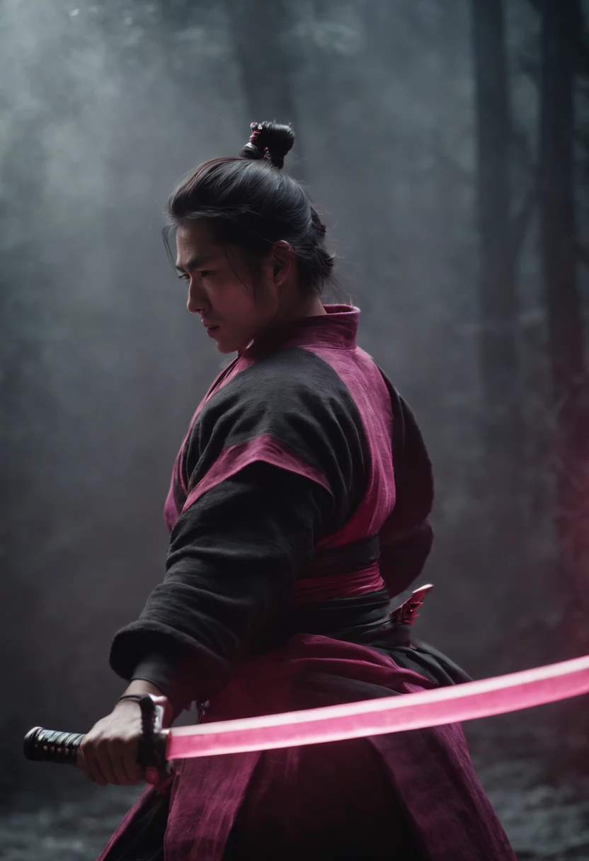 katana with a black aura and two sides color pink man