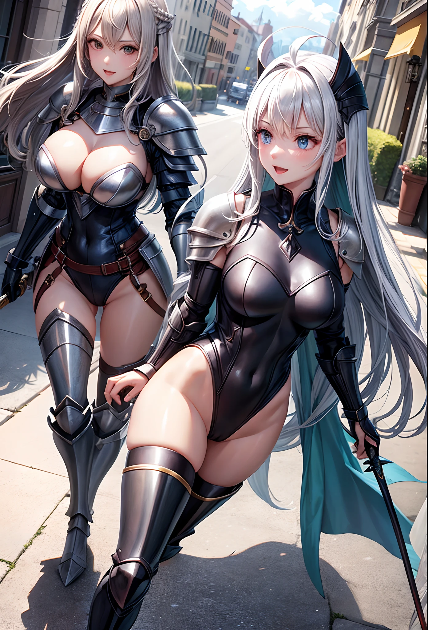 Woman knight、a beauty girl、huge tit、Excellent style、Nice Buddy、glamorous、leotard、s Armor、Shoulder rest armor、Bra chest armor、knee boots、gauntlets、hair adornments、silber hair、Longhaire、Ahoge、is standing、full body seen 、Medieval city、Walking、slightly open mouth、a smile、Sword sheath