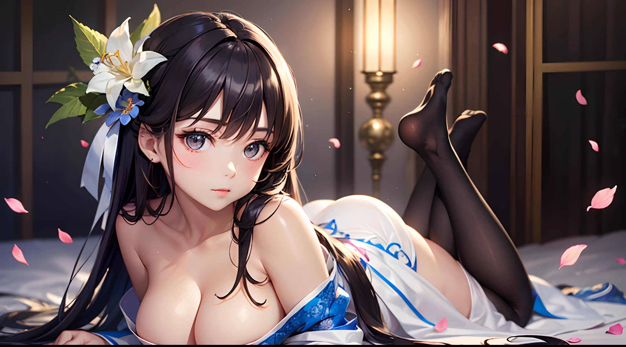 (: 1.5), Lace, ribbon, Hanfu, (Masterpiece, Side light, Delicate and beautiful gray eyes: 1.2), Masterpiece, Realistic, Glowing eyes, Shiny hair, Dark hair, Long hair, Shiny skin, Solo, No shoulder strap, Delicate, Beautiful, sonoko, Flowers, Fluttering petals,huge tit,Giant buttocks,On your stomach