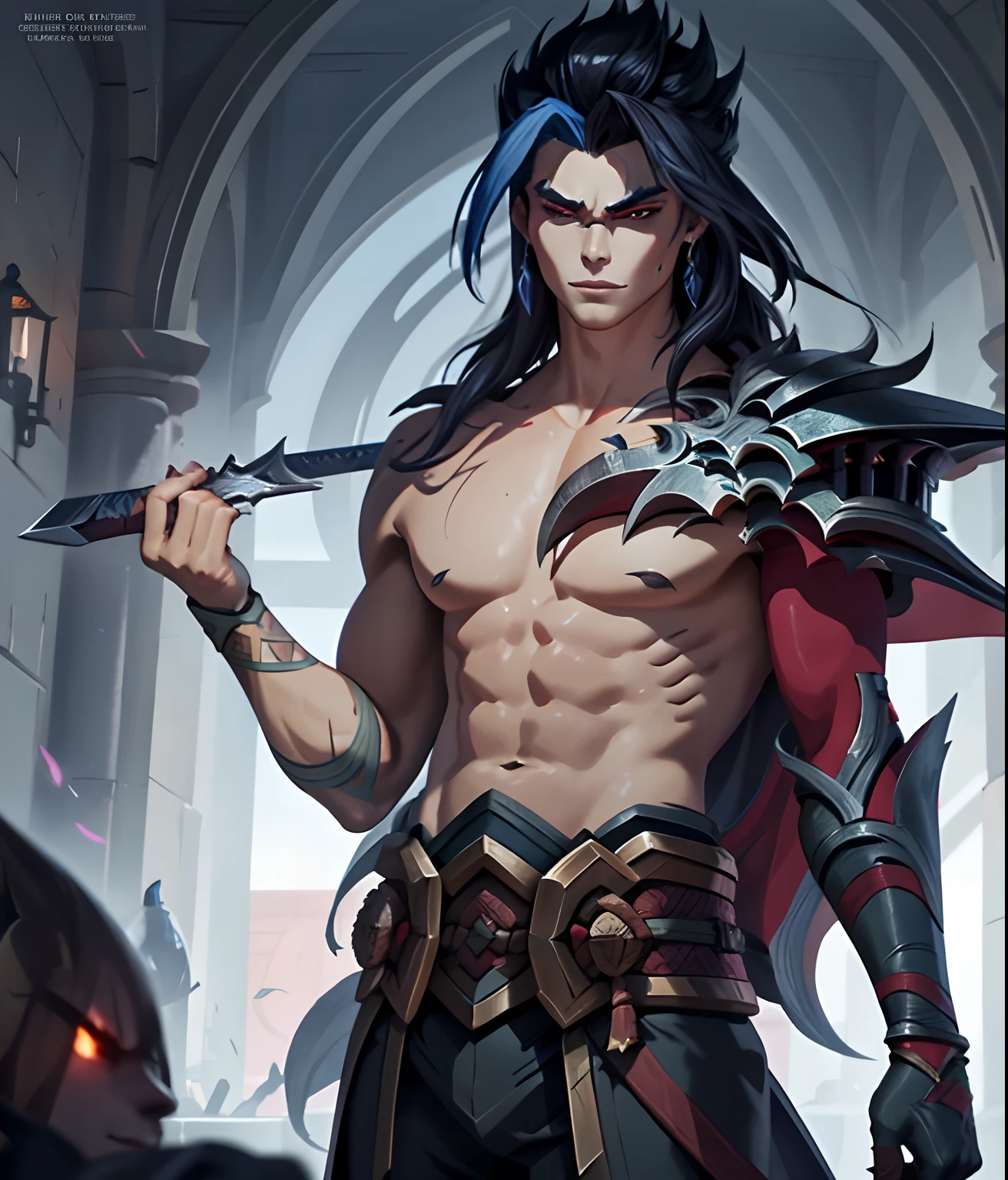 muscular male with black slick pompadour haircut, wearing a leather trench coat, has blue scaled dragon arms, has blue dragon horns, has blue dragon scales on chest, grinning, shirtless