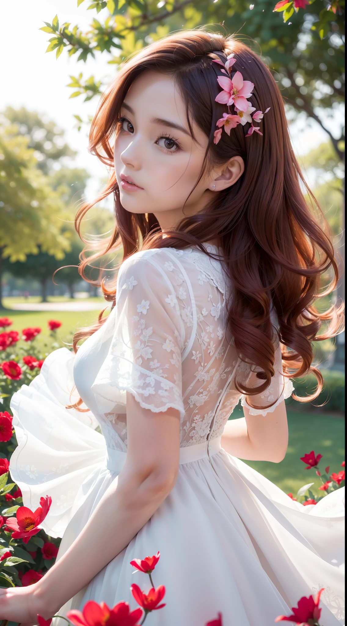 (Best quality,high resolution,Ultra-detailed:1.2),Beautiful white to red gradient wavy curls fluttering in the breeze, Vibrant flowers in the background of the park, Close-up shot,