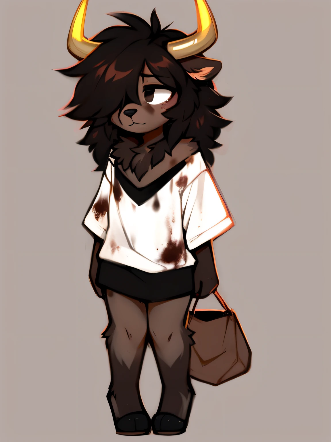 anorexic, rubbing eyes, dark fur, bison, fluffy fur, oversized shirt, dirty, stained, bags under eyes, 1girl, solo, female, big breasts, extremely messy hair, shaggy hair, shoulder-length hair, hair over eye, black eyes, no shoes, paws, big ears, by zackary911, (coffeesoda:1.1), hioshiru, zackary911, simple background