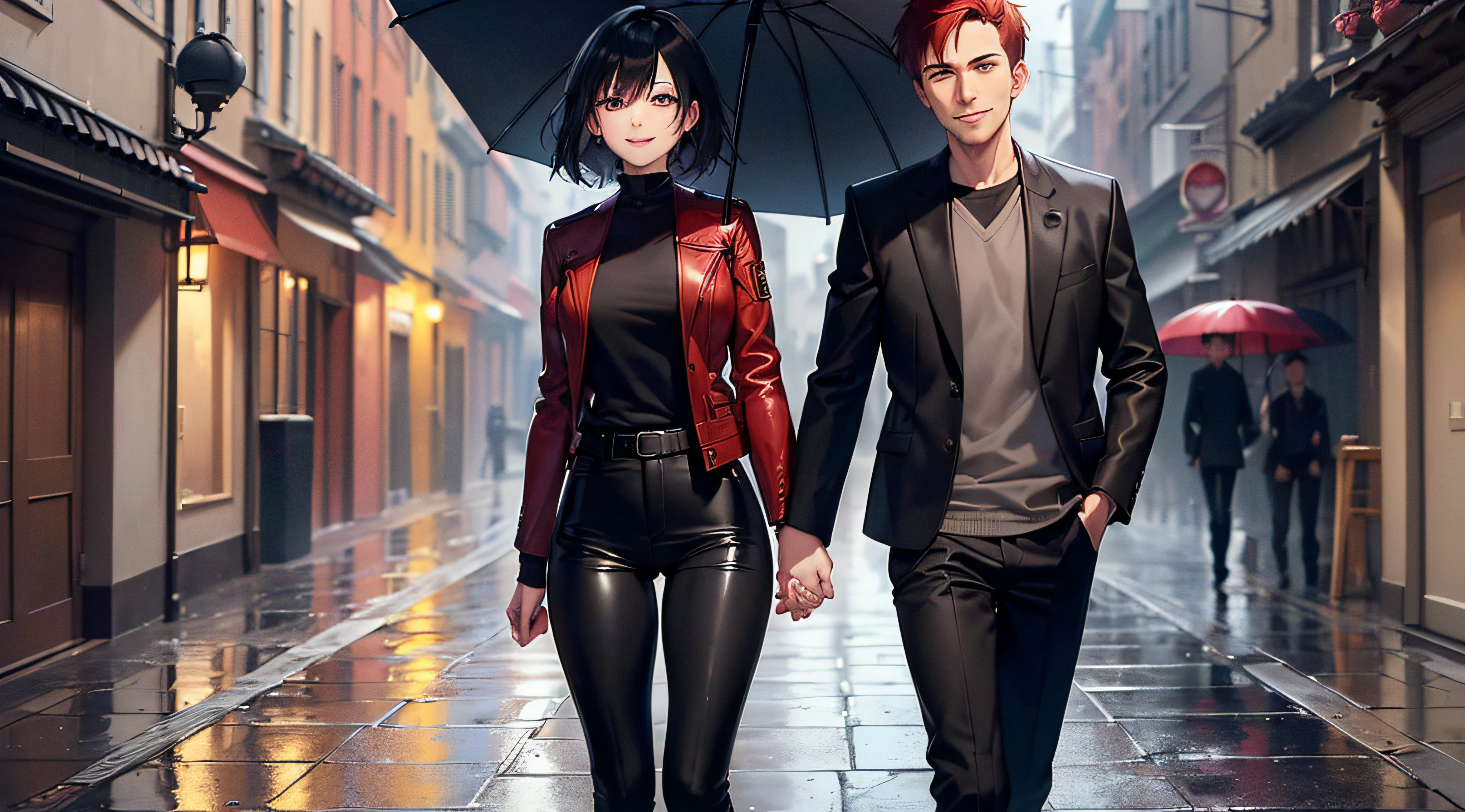 8k, masterpiece, extreme detail, expressive background, expressive clothing, couples, ((1male, red short hair, brown eyes, jacket, black pants, smiling)), ((1female, long straight black hair, black pants, gray eyes, smiling)), holding umbrella, back alley streets, rainy, grain and noise filter, head to waist view