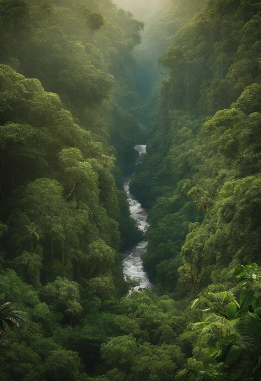African rainforest，bird's eyes view，Hyper-realistic style，There is a surreal style