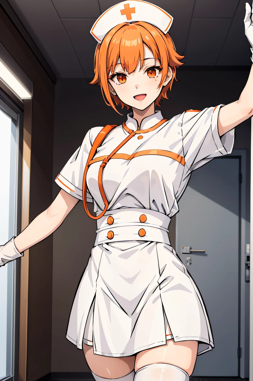 1girl, nurse, nurse cap, white wear, ((white legwear, zettai ryouiki)), white gloves, very short hair, orange hair, smile, open mouth, standing, ((hospital room)), sharp outline, short sleeves, tomboy, boyish, best quality, masterpiece