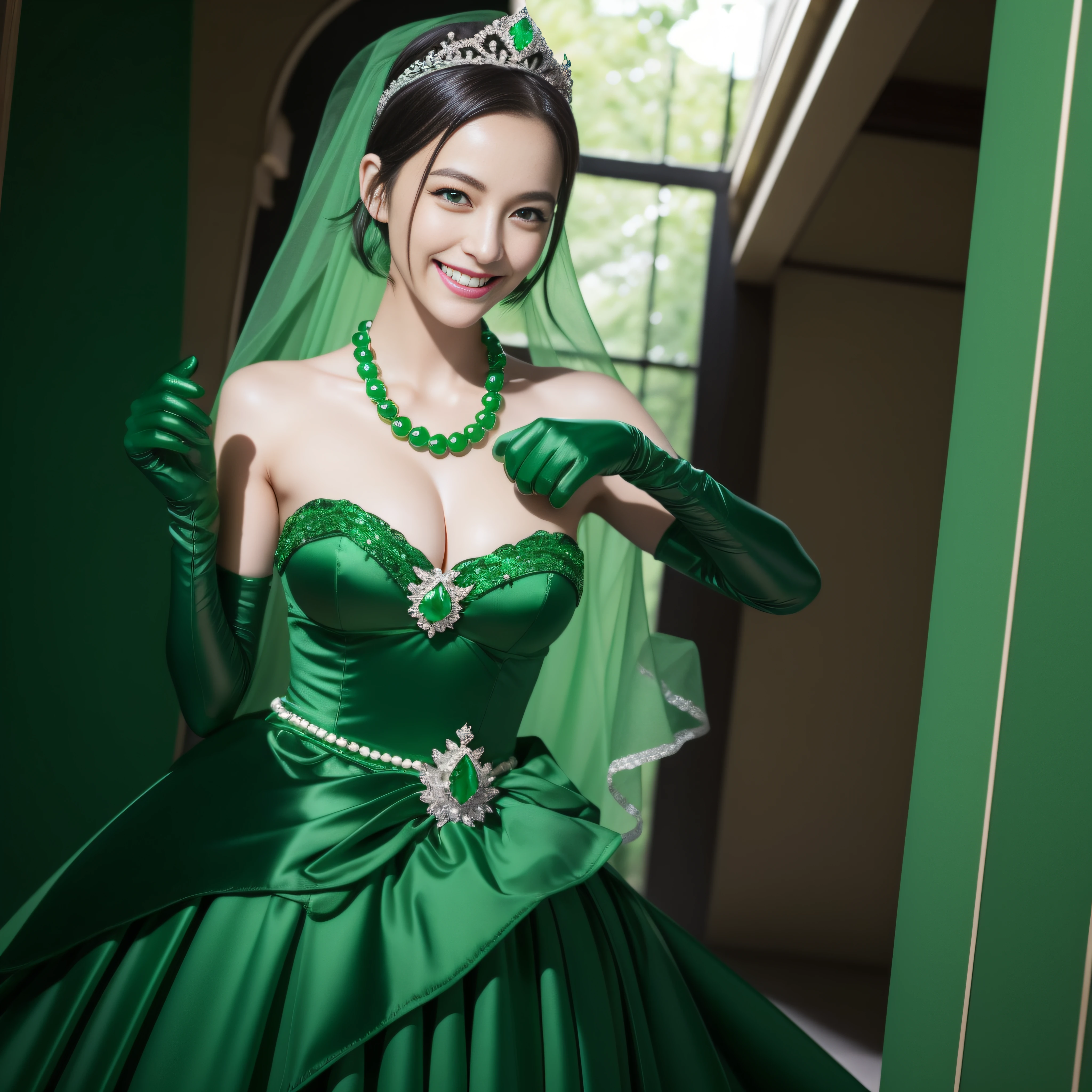 emerald tiara, Green Pearl Necklace, Boyish very short black hair, lipsticks, Japan woman smiling, very short short hair, big breasts beautiful, Green eyes, Long green gloves made of satin material, Green eyes