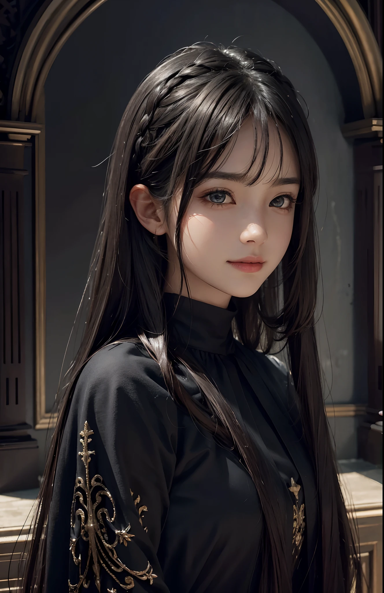 (Ultra Realistic), (Illustration), (Increased Resolution), (8K), (Extremely Detailed), (Best Illustration), (Beautiful and Detailed Eyes), (Best Quality), (Ultra Detailed), (Masterpiece ), ( wallpaper), (detailed face), solo, 1 girl, looking at viewer, fine details, detailed face, in the dark, deep shadows, low key, pureerosfaceace_v1, smiling, long hair, black shawl straight hair , 46 points oblique bangs