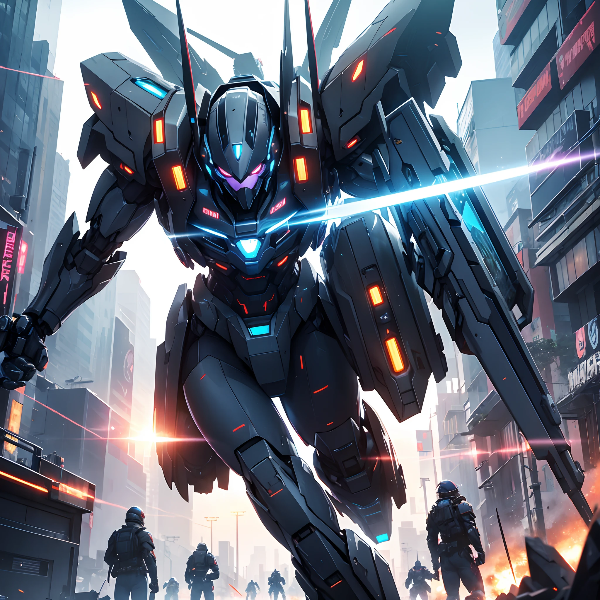 Backlight perspective, a mecha infantry with adaptive stealth ability debuts, deadly melee weapons, glowing energy shields, agile movement speed, bursting arcs and ash, shot with a 12-24mm lens       world cyberpunk,