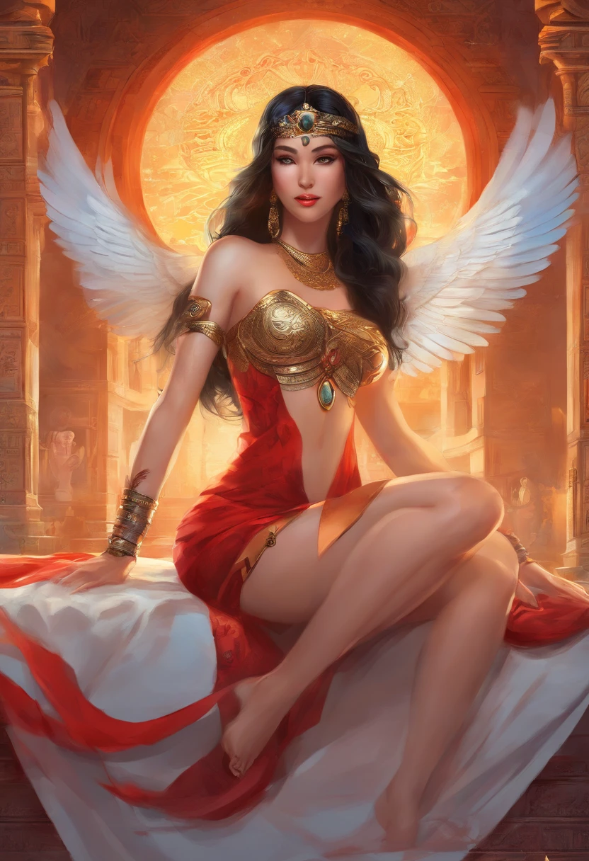 masterpiece, detailed, 1girl, sexy, beautiful, fair skin, long black hair, asian, egyptian bikini, queen, red lips, showing armpits, palace, on the bed, egyptian themed, large breasts, hot, day, sunny,