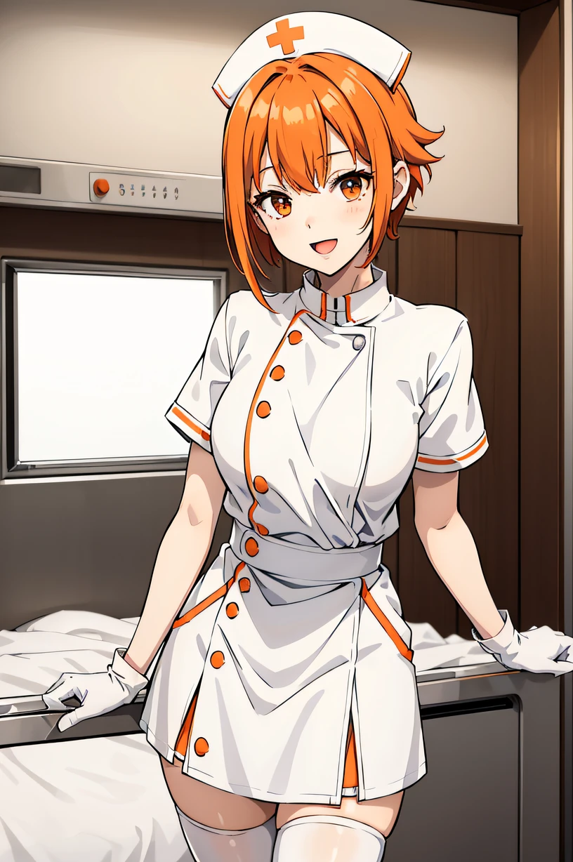 1girl, nurse, nurse cap, white wear, ((white legwear, zettai ryouiki)), white gloves, very short hair, orange hair, smile, open mouth, standing, ((hospital room)), sharp outline, short sleeves, tomboy, boyish, best quality, masterpiece