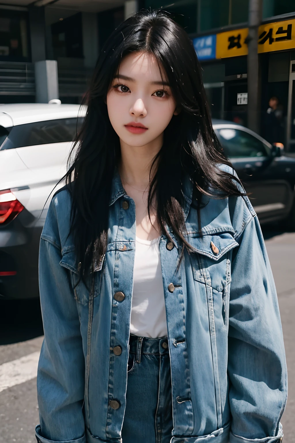 araffe woman with long black hair wearing a denim jacket, portrait of female korean idol, portrait of jossi of blackpink, shot on canon eos r5, shot on canon eos r 5, wan adorable korean face, shot on nikon z9, jinyoung shin, captured on canon eos r 6, taken with canon eos 5 d mark iv