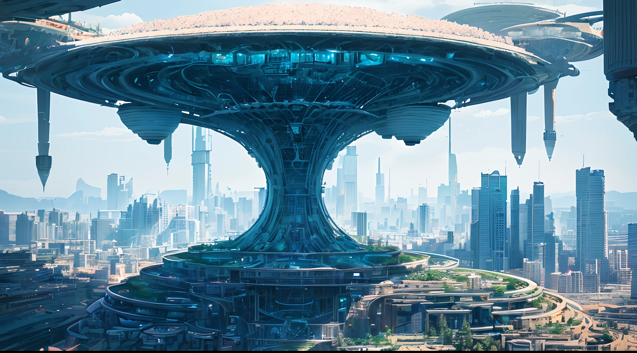(City of abstract futuristic music,Intricate interconnected building complexes of layers,untiy,Biophilic design,bloomcore,Abstract futuristic musical architecture,Future urban design,Cyberpunk urban planning,retro-futurism,Biological Plant City,Giant arc in the city center:1.35),(Futuristic style:1.8),Generate futuristic landscapes with beautiful realities, Gorgeous romantic building, Flying Future Complex, Crystal Waterfall from the Flying Future complex, And highly detailed flowers This is the city of the future of man flying. These futuristic cities look like they've been carved out of sparkling gemstones, The details are clear and intricate, Added sense of reality，Clouds wisps of stars in the colorful sky,