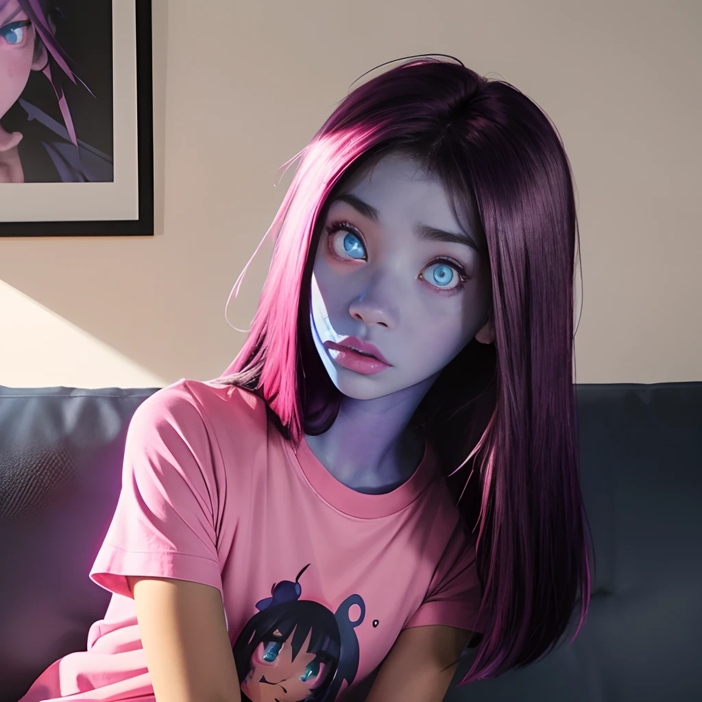 cute anime (zombie girl) with (dark purple straight hair), freckles, (((blue skin))), ((( pink eyes))), pink nose, smiling, saying hello, in aesthetic pose, full body shot, at the mall.
