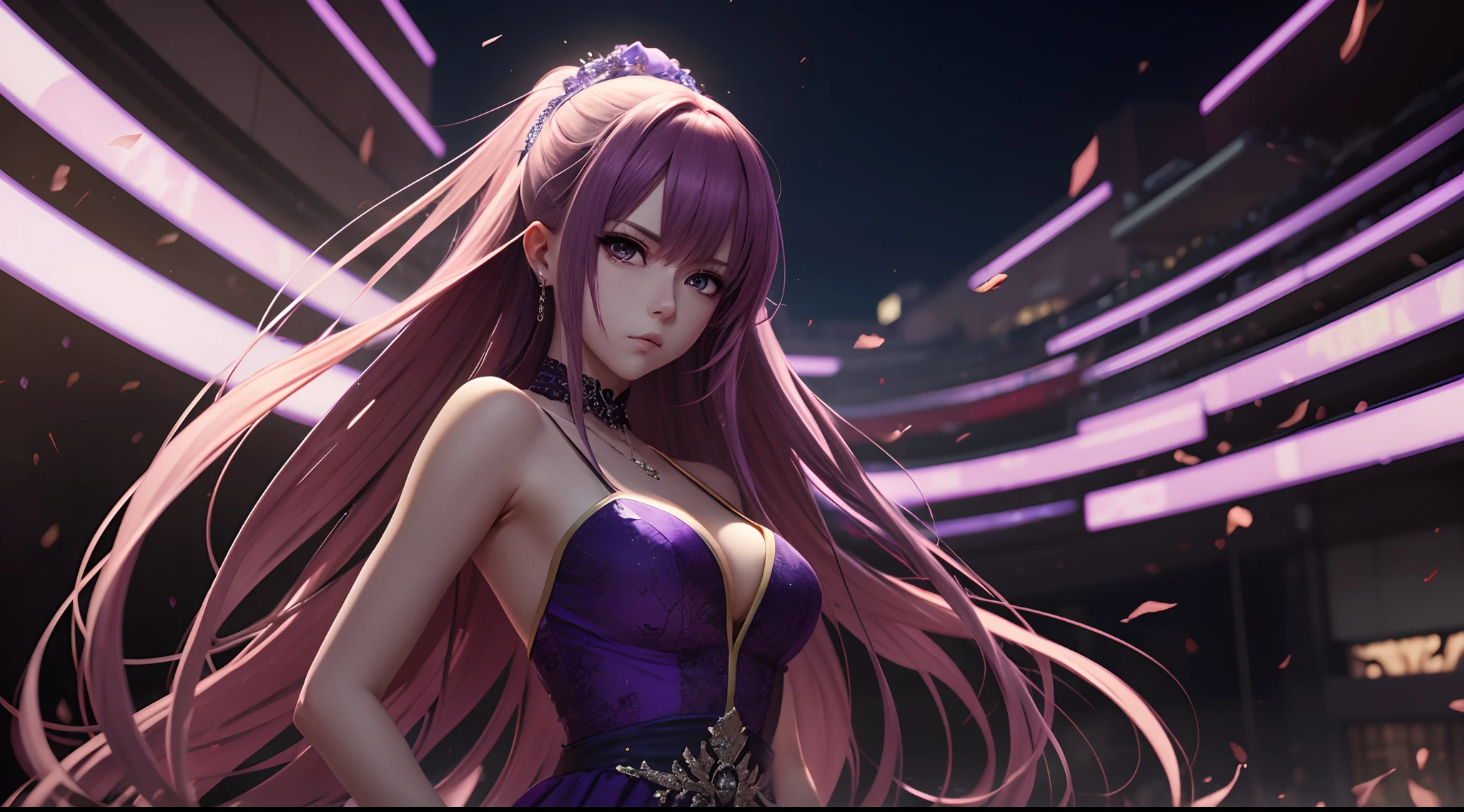 An 8k digital anime masterpiece features an extremely detailed and mean woman in a surreal purple dress.