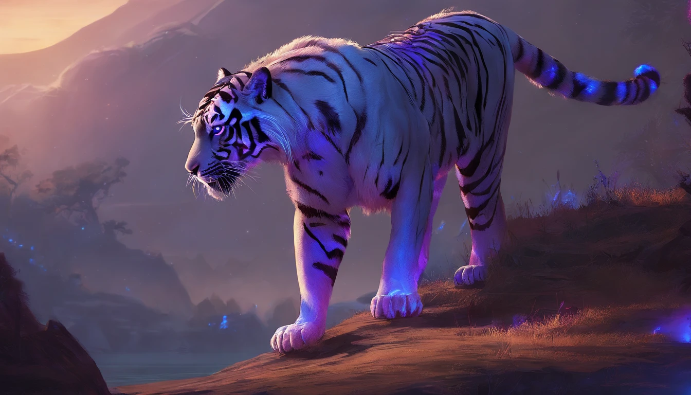 Fantasy World Saber-toothed Tiger,Emits blue-violet light,Glow effects,the night,中景 the scene is,Full body like, highly detailed surreal vfx,oc rendered,Shoot with 70 mm - AR