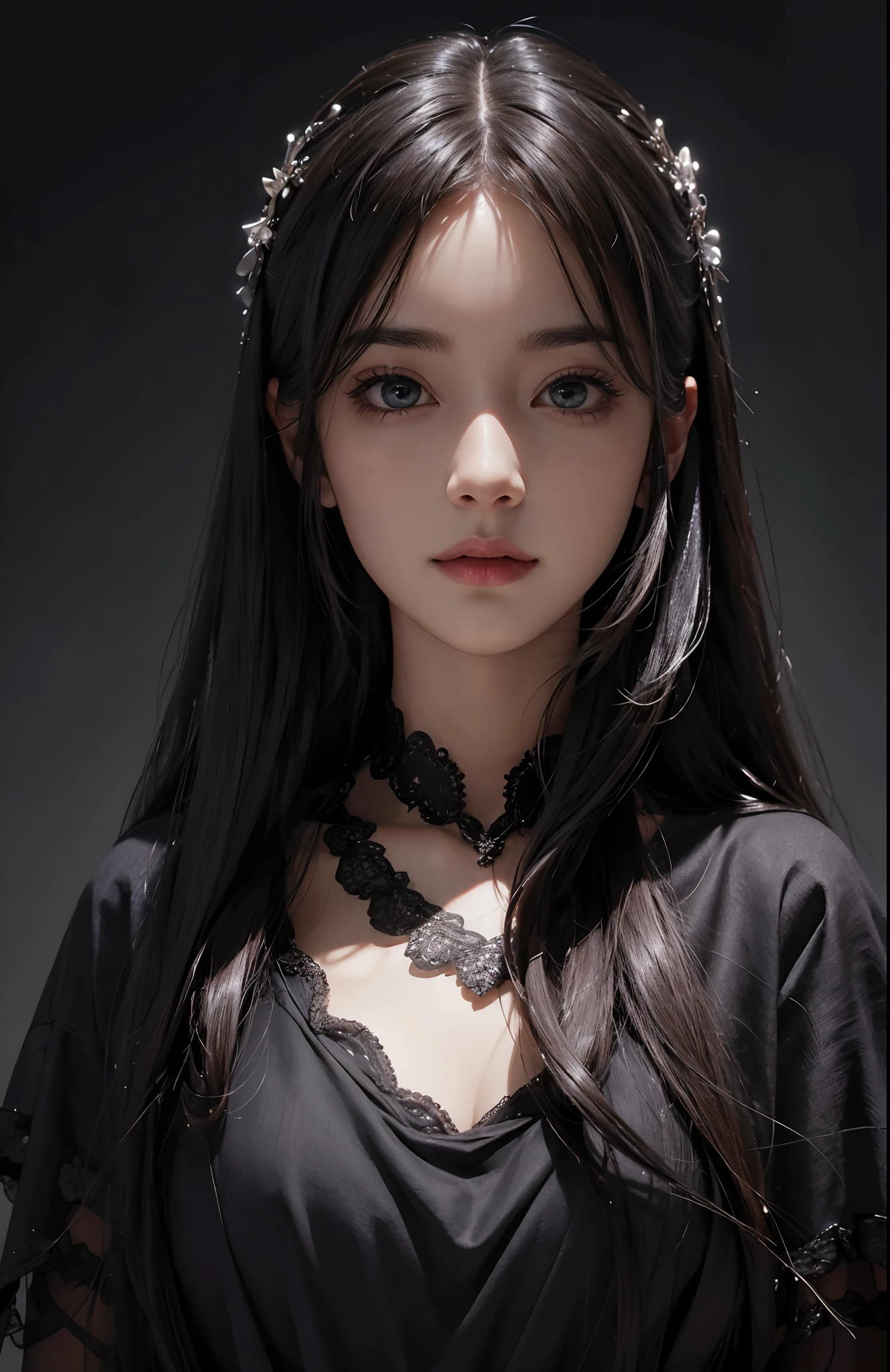 (Hyper-realistic) , (illustratio), (Increase the resolution), (8K), (extremely detaile), (Most Best Illustration), (Beautiful and delicate eyes), (best qualtiy), (ultra - detailed), (masterpiece), ( the wallpaper), (Detailed face), solo, looking at viewert, exquisite detailing, Detailed face, in the darkness nigth, deep shading, low tune,pureerosfaceace_V1, ssmile,long straight hair,Black shawl, 46 points oblique bangs,plump breasts