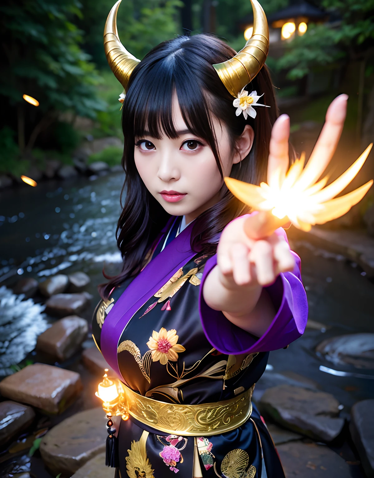((World of Darkness)),Professional , masterpiece、top-quality、photos realistic , depth of fields 、(Maiko's hairstyle)、(Background of cherry blossoms in full bloom),(Ultimate Beauty)、A dark-haired、(Fight ninjas)、(Kimono with beautiful pattern)、(Night background)、((a dark night)),(Wear a beautiful kimono),(Wear a beautiful kimono with colorful floral patterns)、Jewel Gold Weapon、Particles of light),(Has a devil's mask)、Gorgeous gold weapons ,(( Gorgeous Dragon Sword)) , (a dark night),,(maikurobikini) 、((Black Haired Beautiful Girl))、(Castle background)、(demonic wings)、((Gangle's forest background))、Beautiful Caucasian beauty、1a person、dynamic ungle,(((Two devil's horns on the head)))、Smaller head、Idle Smile、Thin and beautiful female hands、Mystical expression、Light Effects、intense fighting、Wind-effect、magic circles、With the legendary magic wand、Dragon's tail、Anatomically correct body、