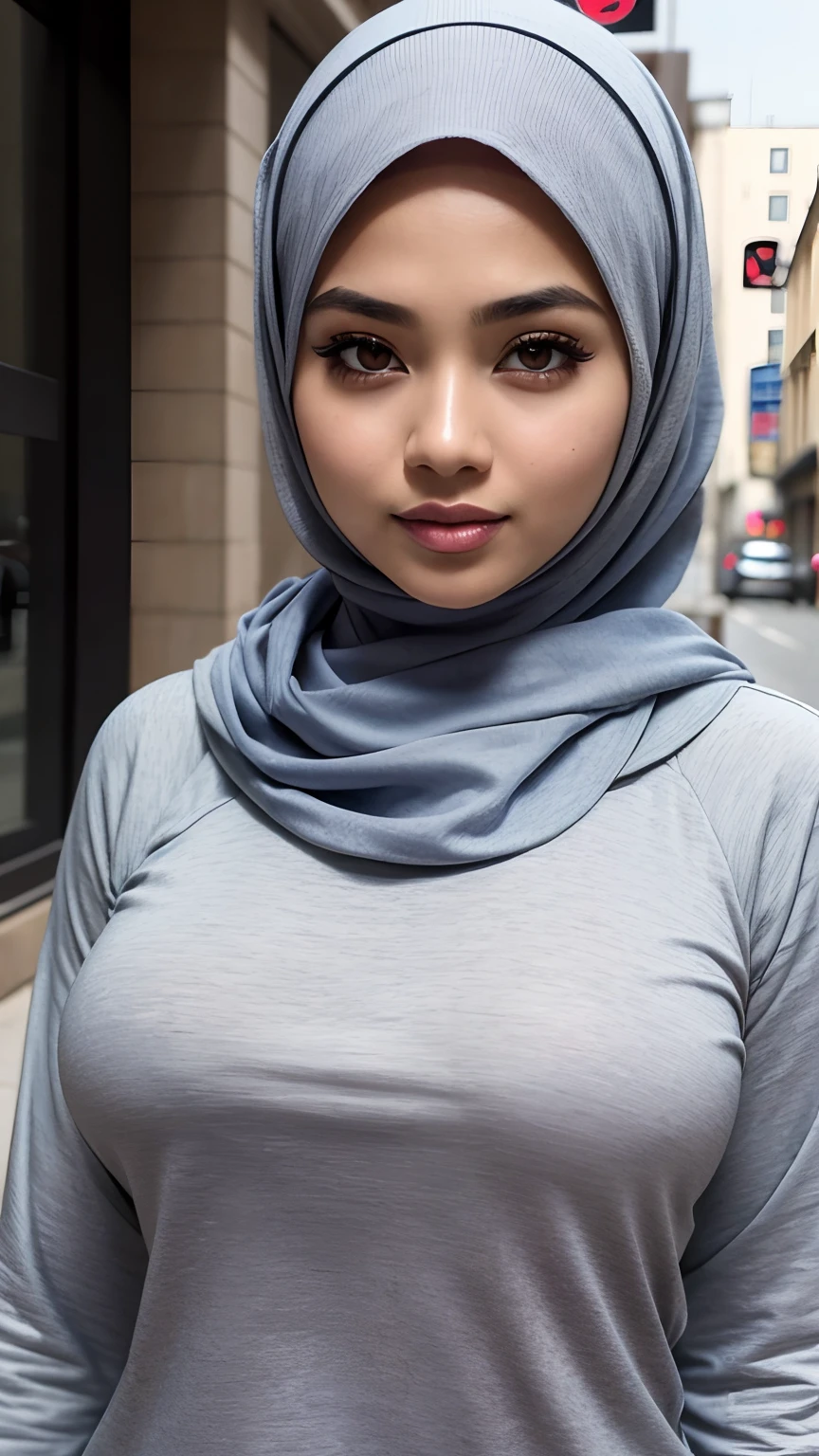 (Best quality, high resolution, masterpiece: 1.3), a beautiful malay woman in hijab, big breasts, slim figure, sweatshirt, beautifully presented details in the street and facial and skin texture, detailed eyes, double eyelids, big eyes