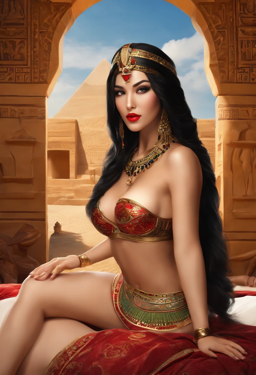 masterpiece, detailed, 1girl, sexy, beautiful, fair skin, long black hair, asian, egyptian bikini, queen, red lips, showing armpits, palace, on the bed, egyptian themed, large breasts, hot, day, sunny,