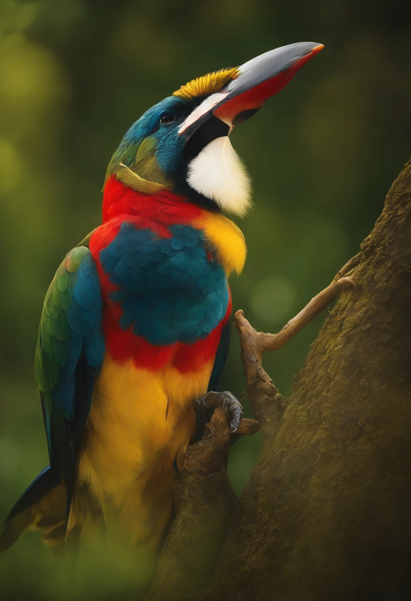 Create an impressionist painting with the head of a bird, (olhando para a frente) , Sober, (fundo preto), UHD 8k, Very high quality for excellent printing. Lighting that highlights the figure in relation to the background, cores verde, amarelo e vermelho,