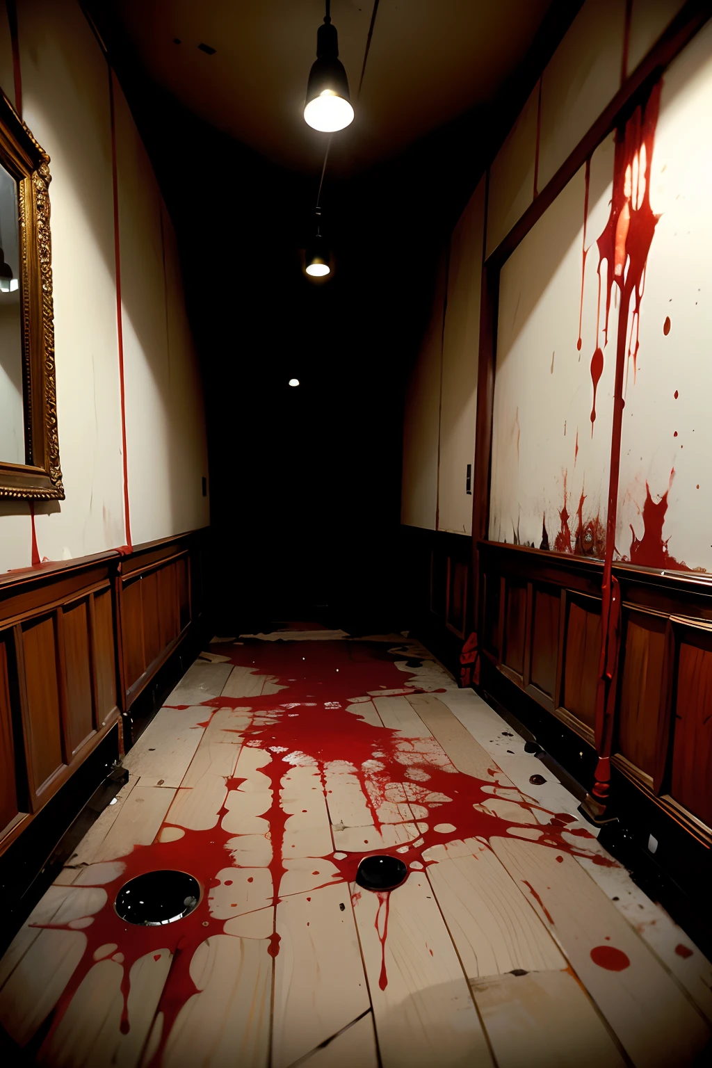 A room that belongs to a vicious, torturer, dark, scary, blood on the floor, mood is bizarre, tragic, violent, horrible, miserable, atrocious, tormenting, suffering.