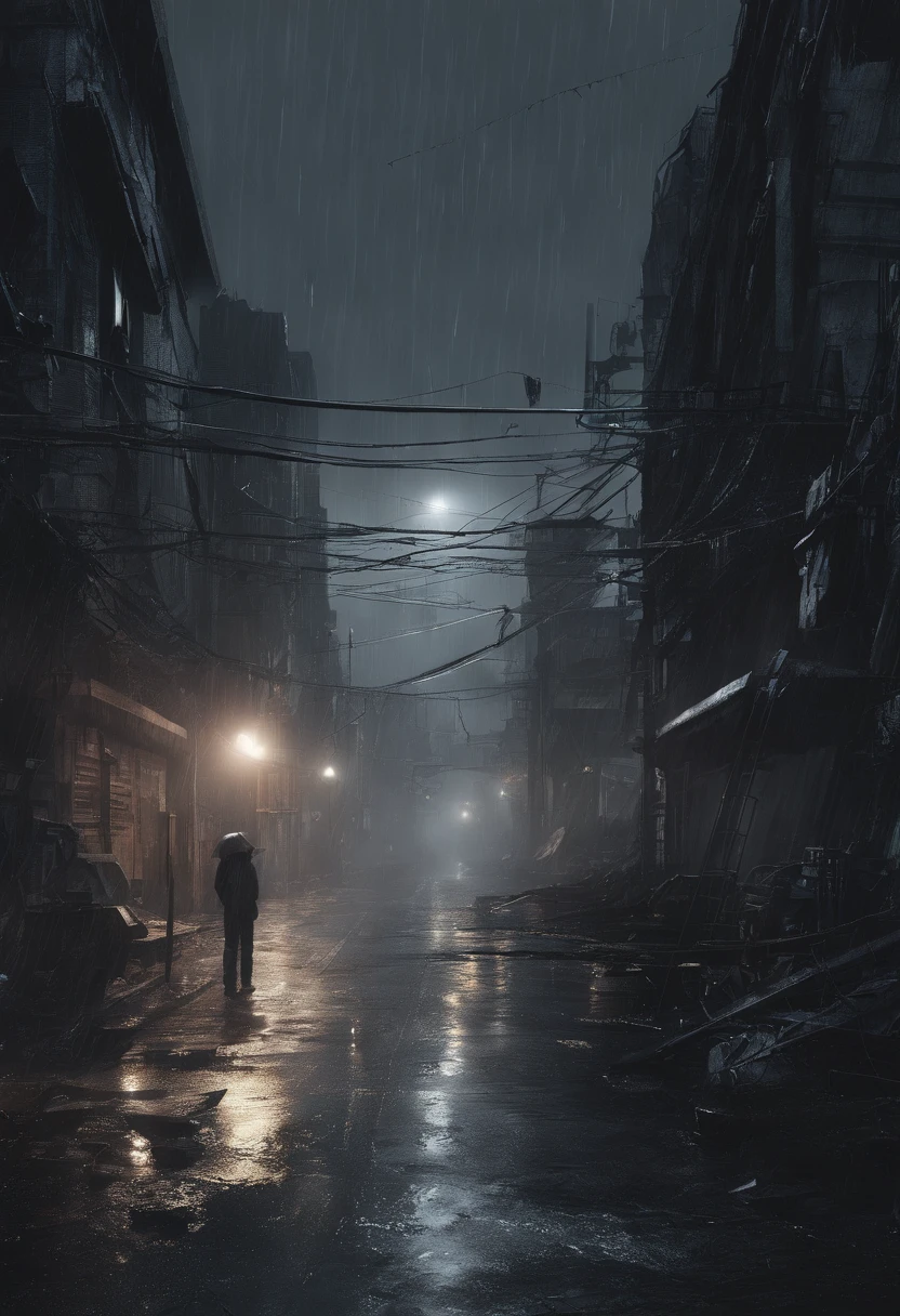 Gloomy night,Rain poured down。