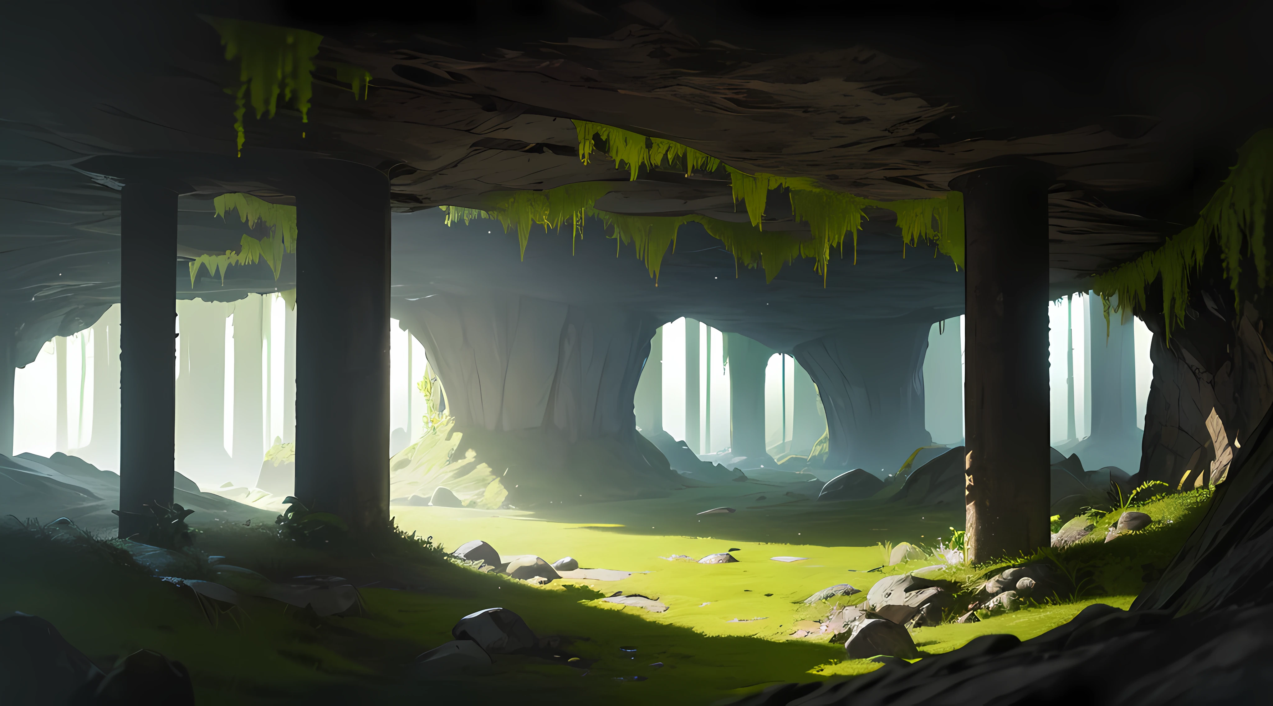 Harsh light, intense contrast, A cave with an open ceiling，Cast sunlight on green moss and ferns,  And an open one( seaview:1.1) at the bottom, Cell shading rendering, 4K,  360 degree, equirectangular,