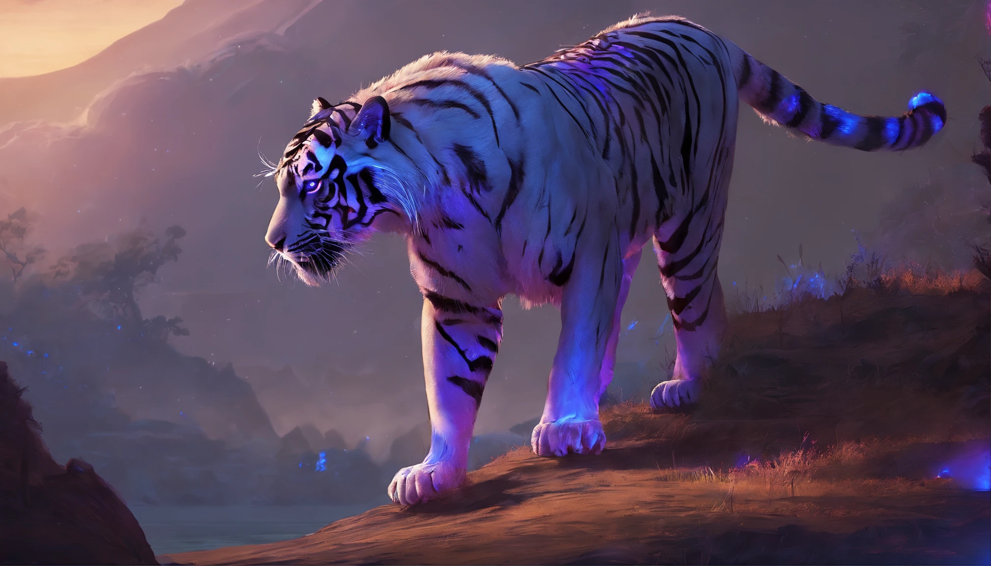 Fantasy World Saber-toothed Tiger,Emits blue-violet light,Glow effects,the night,中景 the scene is,Full body like, highly detailed surreal vfx,oc rendered,Shoot with 70 mm - AR