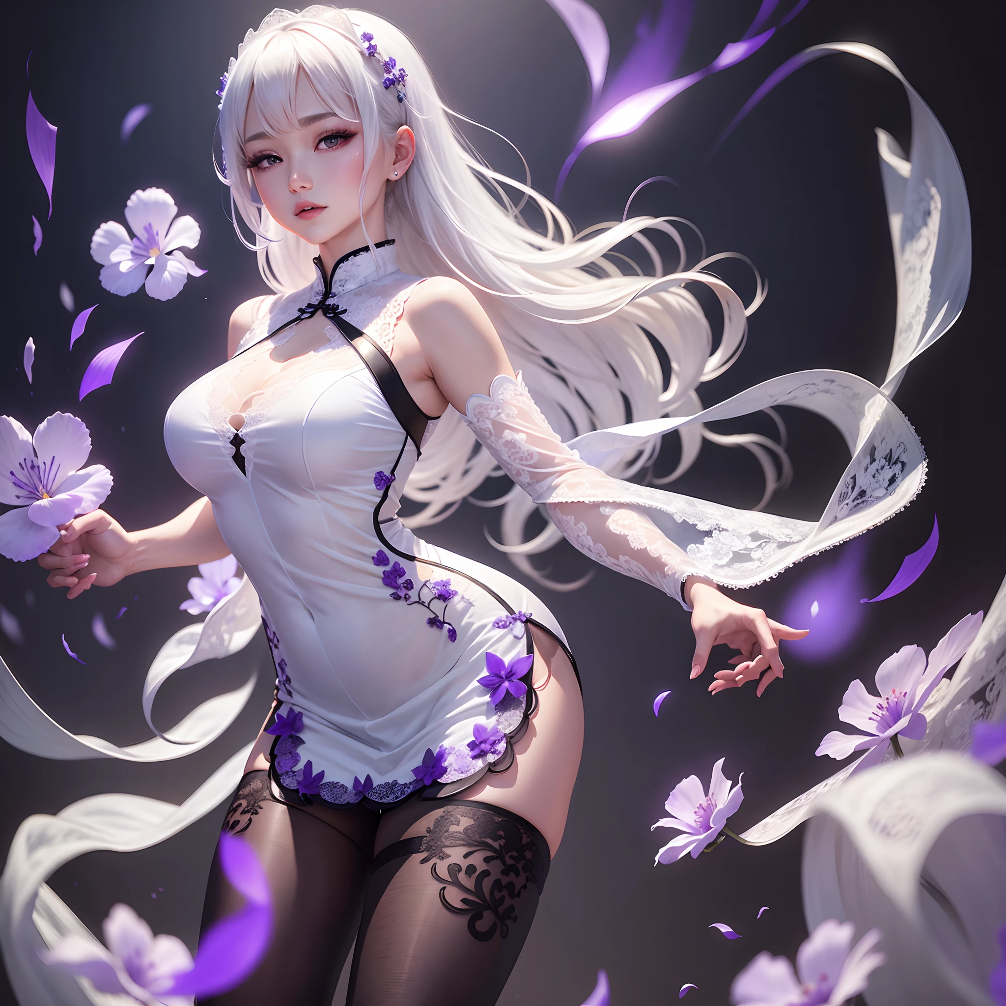 White-haired beauty，Sheer lace cheongsam，Laser light，Full body HD resolution，Best quality，Violets bloom