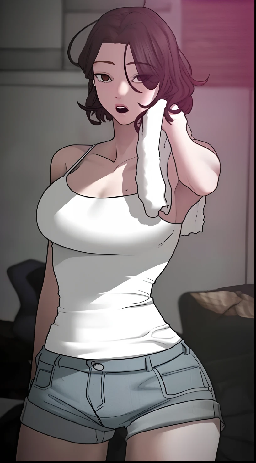 Black-haired girl with short hair, half-naked lying on the bed, straightening her hair, open mouth, darkened lighting, sexy