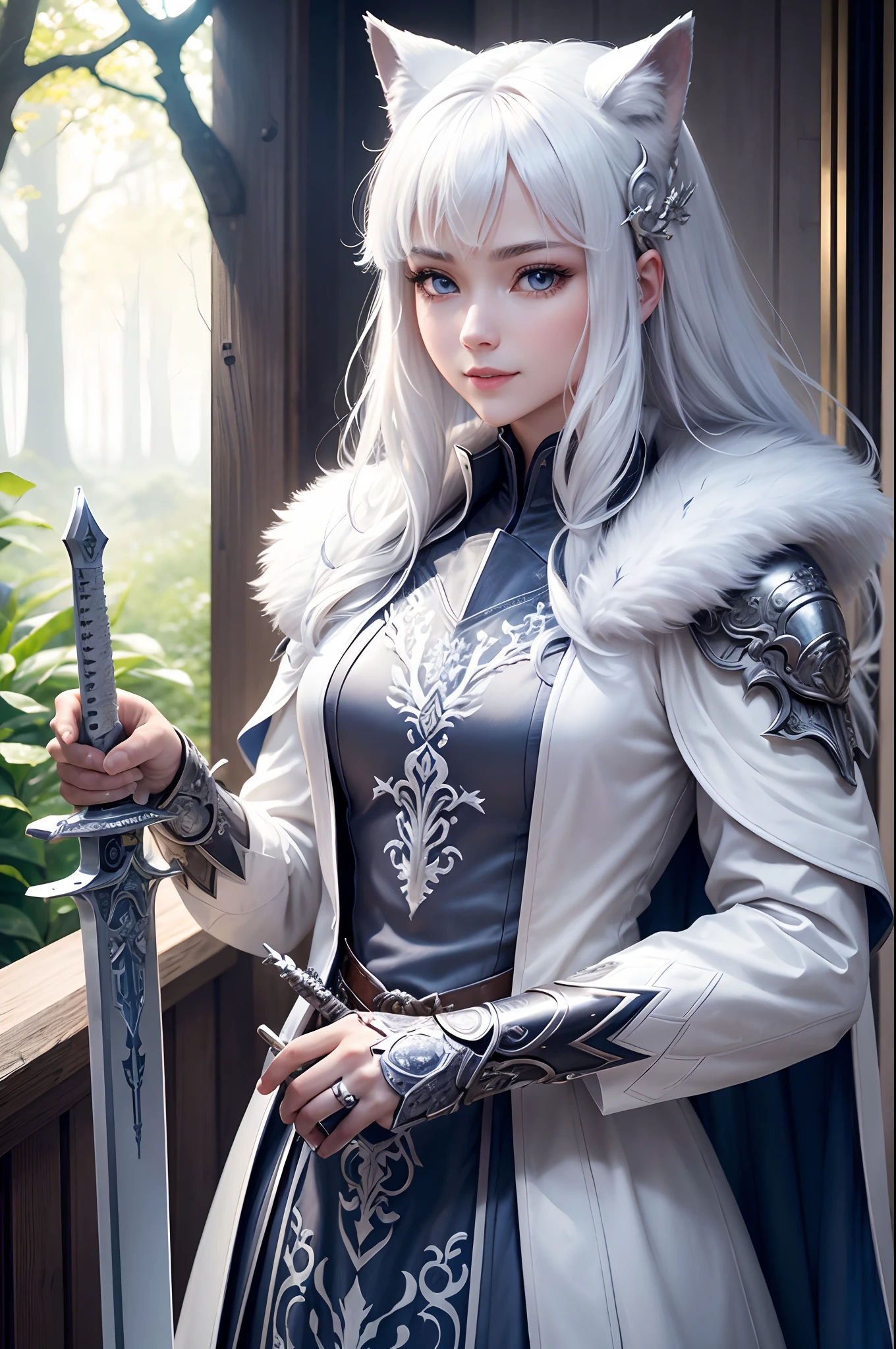 Bright and refreshing space、White is the key.、Smiling kindly、peaceful、Tiere、Not a person、unmanned、in woods、White Wolf、cyborgs、Metal Wolf、Have a beautiful sword、Shining blue eyes、1bolt、(intricate-detail)、nffsw、(intricate-detail、ultra-detailliert:1.2)、Cinematic shots、vignettes、central,、top grade、Eyes are clear、The sword shines、wearing a fur coat