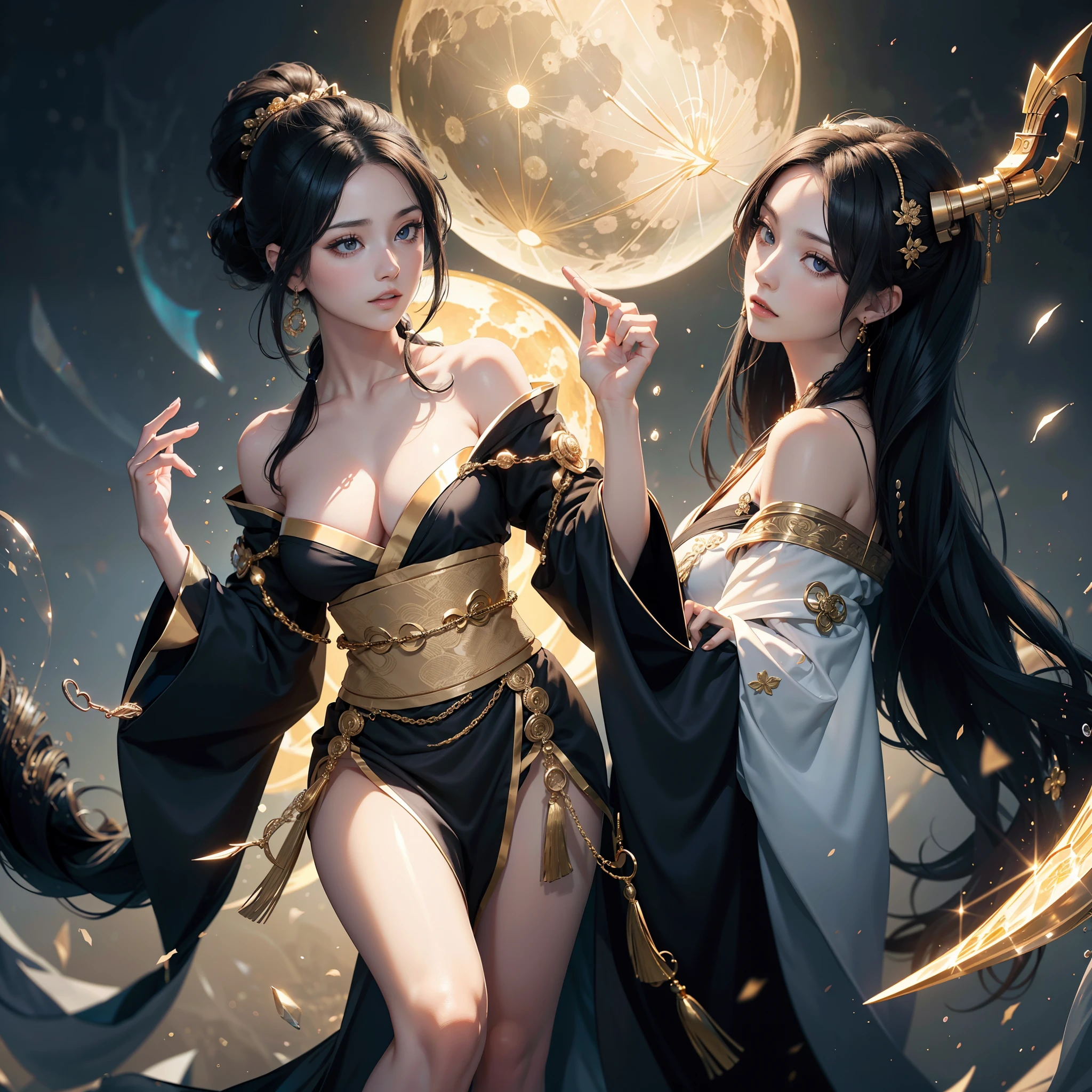 watching at viewers、Background with(ancient city:1.2)(a moon:1)、poneyTail、Woman with shiny black hair、{{{Luxury kimono(Black kimono(Detailed golden embroidery,))}}}、face perfect,Depict a beautiful and graceful woman of Japan。Heart in the eye。full body Esbian。 Wallpaper 8K, .Blur the background with a sickle,((masutepiece)), ((Best Quality))