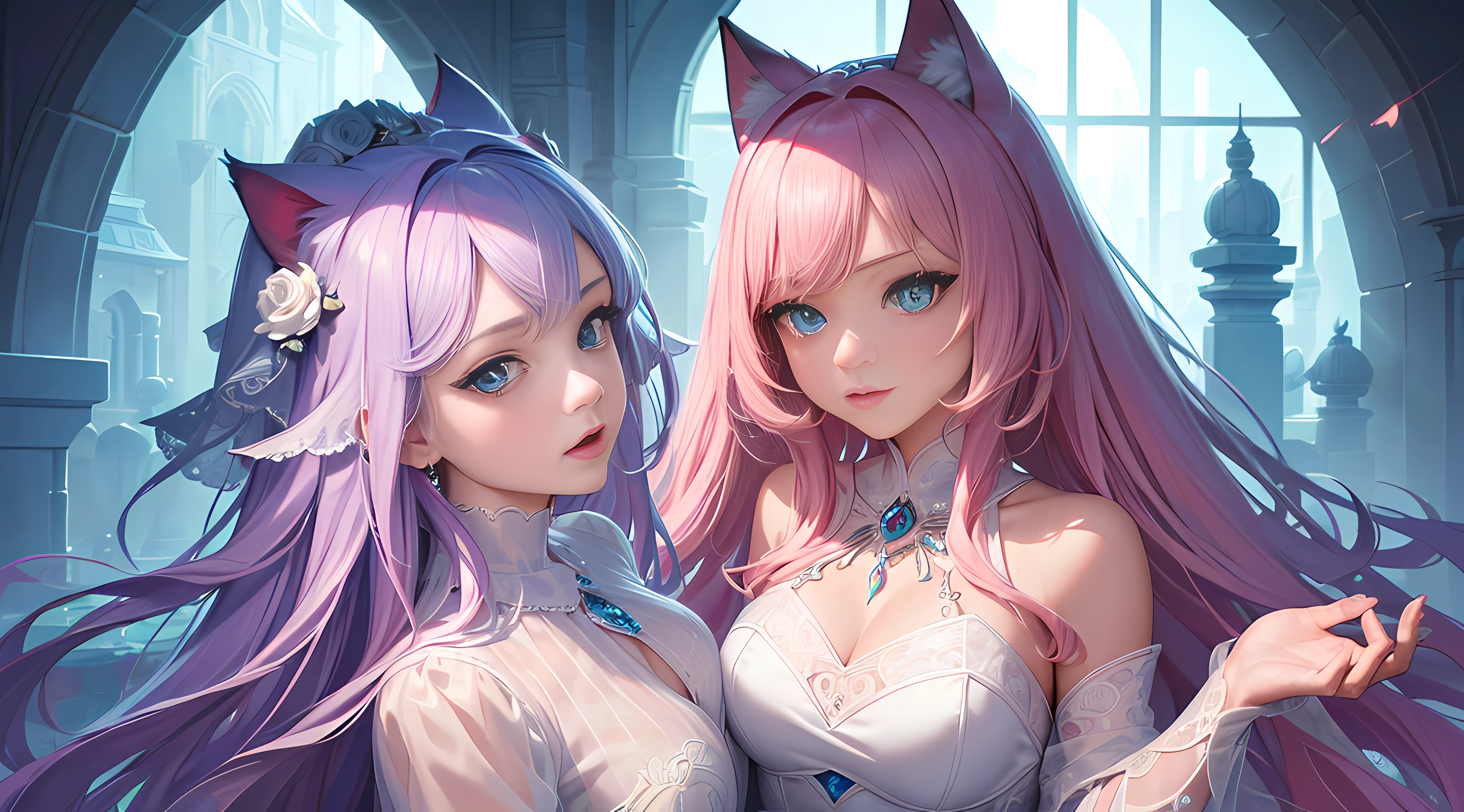 (Masterpiece:1.3), (Best quality:1.3), Fantasy art, Cloud, Dynamic lighting, voluminetric lighting, Highly detailed face, Turquoise pupils, Highly detailed eyes,4K, 1 girl, full bodyesbian, (white wedding gown), Long pink hair, cat ear,Lilac light gauze shawl,