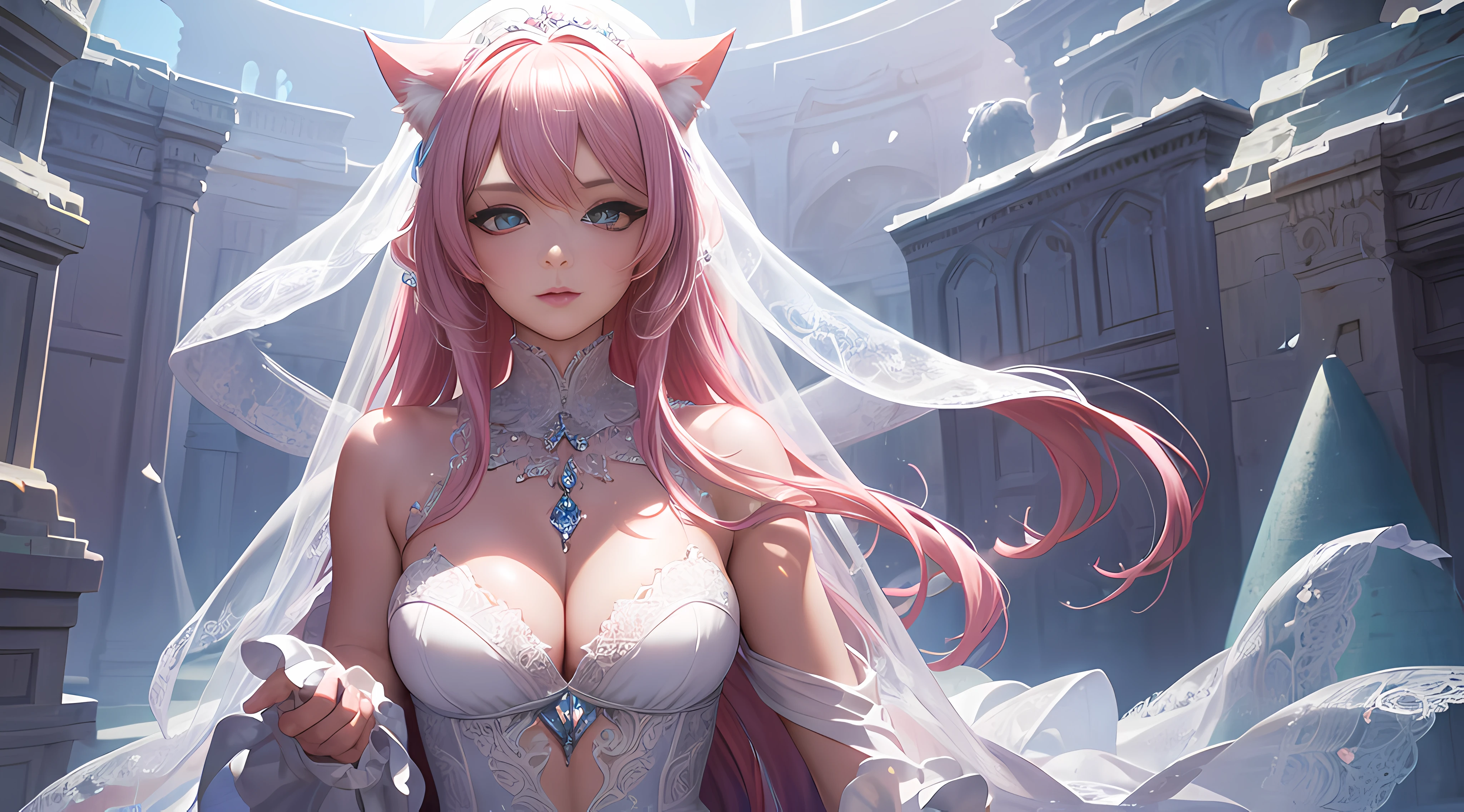 (Masterpiece:1.3), (Best quality:1.3), Fantasy art, Cloud, Dynamic lighting, voluminetric lighting, Highly detailed face, Turquoise pupils, Highly detailed eyes，4K, 1 girl, full bodyesbian, (white wedding gown), Long pink hair, cat ear，Lilac light gauze shawl，