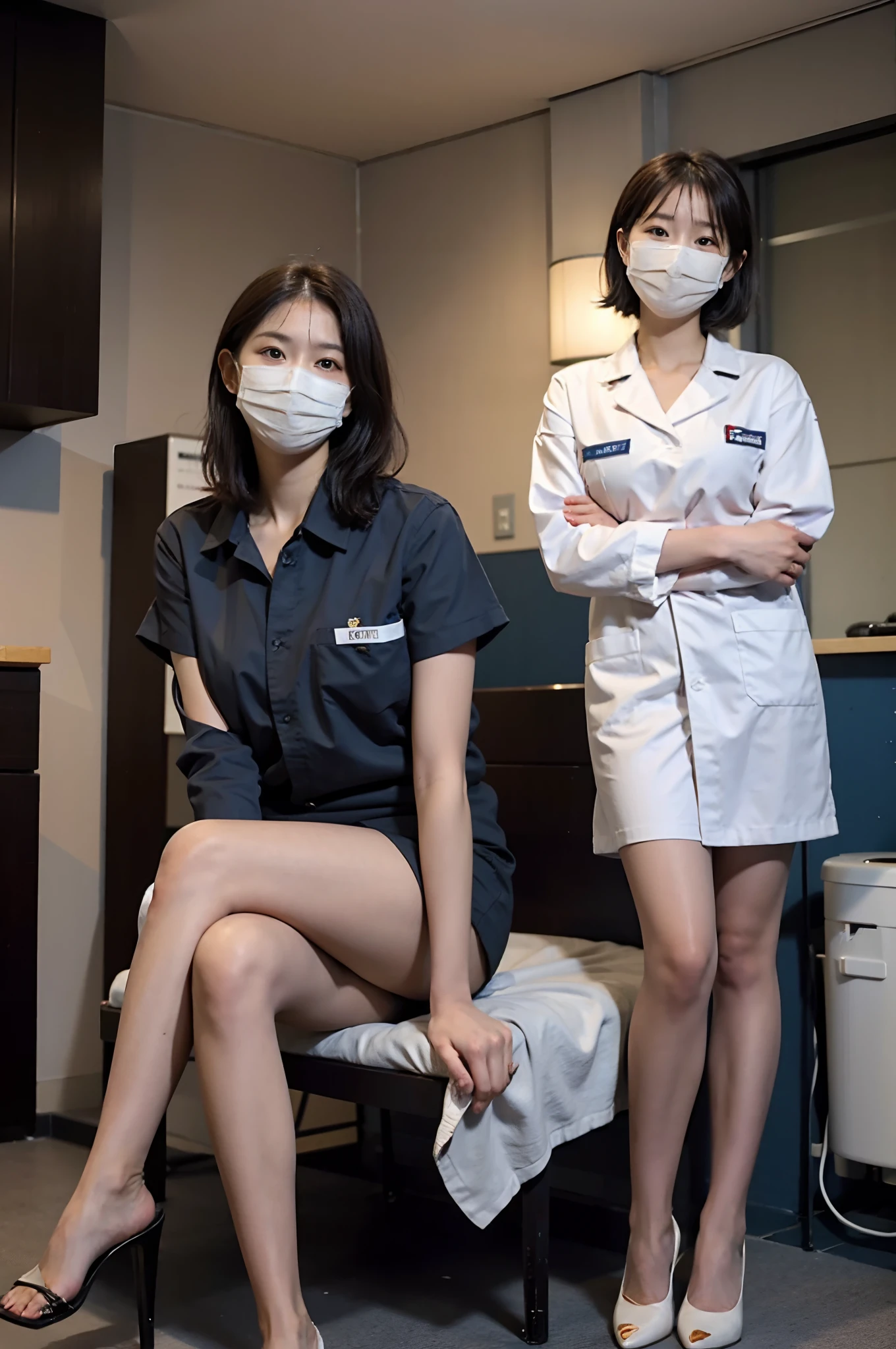 Woman in white frosted suit wearing mask, wearing white nurse uniform, healthcare worker, Wear a nurse's uniform in the hospital, detailed outfits:1.5，Sit tight,（（（Stand in the waiting room, Stand dignified））），Portrait of a nurse, Beautiful nurse， resting after a hard mission, BREAK BREAK BREAK, The woman was standing, doctor, resting after a hard fight，Messy（（（short detailed hair））），Messy hair，Rounded and well-proportioned legs，（（（Smooth black stockings:1.5））），（（（Stiletto sandals:0.8））），Glowing white tender toes，（（Stand dignified:1.5）），fully body photo