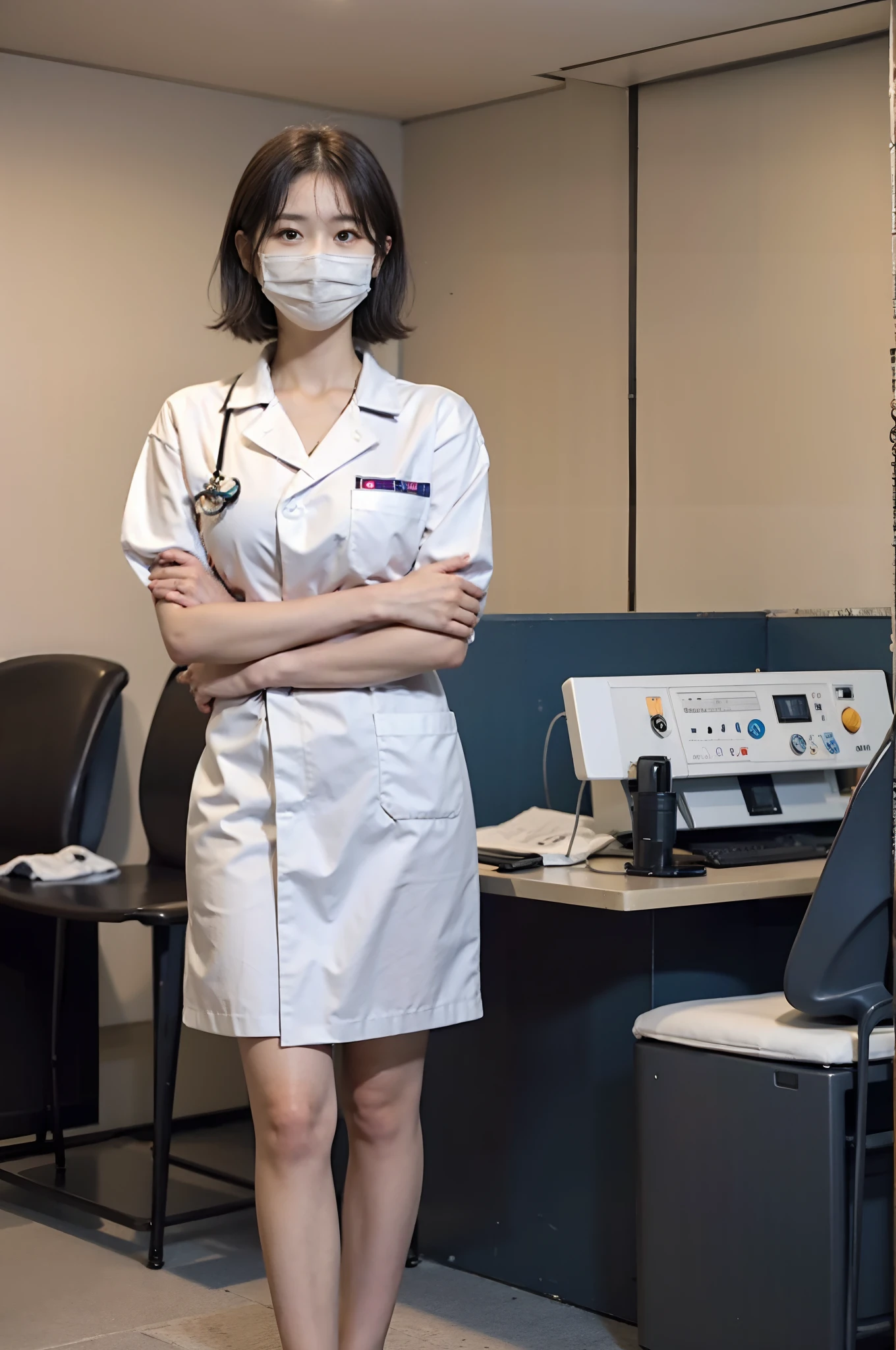 Woman in white frosted suit wearing mask, wearing white nurse uniform, healthcare worker, Wear a nurse's uniform in the hospital, detailed outfits:1.5，Sit tight,（（（Stand in the waiting room, Stand dignified））），Portrait of a nurse, Beautiful nurse， resting after a hard mission, BREAK BREAK BREAK, The woman was standing, doctor, resting after a hard fight，Messy（（（short detailed hair））），Messy hair，Rounded and well-proportioned legs，（（（Smooth black stockings:1.5））），（（（Stiletto sandals:0.8））），Glowing white tender toes，（（Stand dignified:1.5）），fully body photo