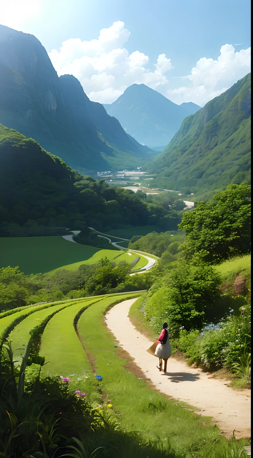 There are tall peaks in the distance,The mountains are lush and overgrown with plants,An old farmer carries a bamboo basket,Walk head-on on the winding roads of the countryside,The narrator has a big dog,large clouds、blue-sky、Rice fields,There are neat rice seedlings in the field,ln the forest,hillside,Quiet,rustic,high definition detail、hyper-detailing、cinematic ligh、ultra-realistic realism、Soft light、Deep field focus bokeh、Ray tracing and surrealism。