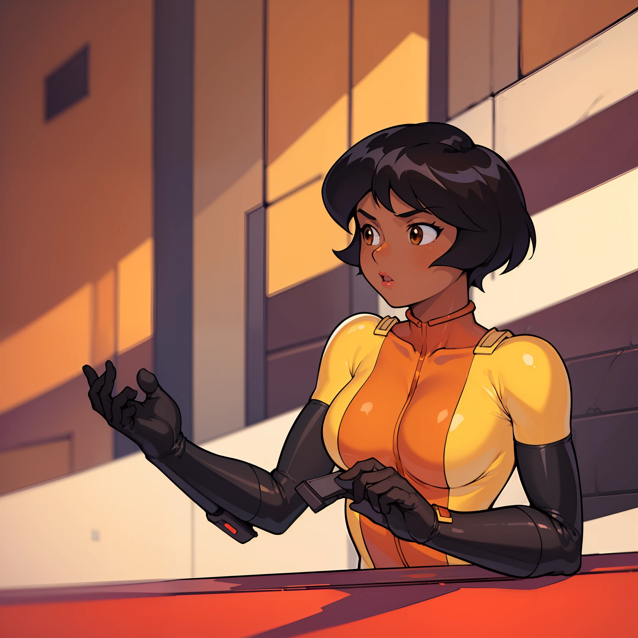 ((masterpiece, best quality)), 1girl,solo, upper body, alex, short hair, black hair, brown eyes, dark skin, tan, lipstick, bodysuit, retro artstyle, warehouse background,