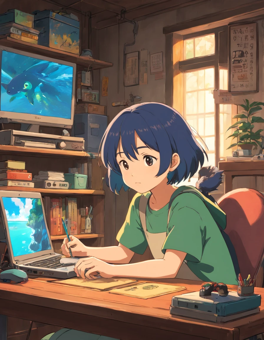 personagem de anime sentado em uma mesa com fones de ouvido e um laptop, menino lofi, Elogio Artstyle, Arte Lofi, em estilo de Studio Ghibli, lofi girl aesthetic, Hip Hop Lofi, inspirado em Studio Ghibli, Lofi Sensation, captura de tela do filme anime, estilo de Studio Ghibli Captura de tela do filme de anime, cores lofi