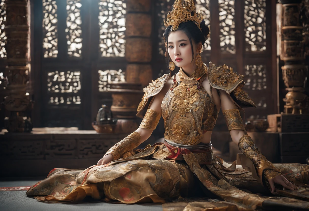Fengshen Bang，tmasterpiece，ultra fine photos，，best qualtiy，超高分辨率，Photoreality，Chiaroscuro，（full-body portraits），stunningly beautiful，dynamicposes，delicated face，Bigchest，Murderous eyes，（seen from the side），She wears gold ancient Chinese armor，very highly detailed background，detailed face with，Detailed and complex busy background，untidy，opulent，milkyW，Highly detailed skin，Realistic details of skin，Visible Pore，tack sharp focus，volume fog，8k uhd，digital SLR camera，high qulity，filmgrain，White skin of the，photo-realism，lomography，The palace of the Yin Shang King in ancient China , look from down, semi transparent, gigantic breasts, showing cleavage, full body shot camera angle, lotus tattoo on forehead, sexy body: 1.4, Slim abdomen: 1.2, sitting on chair with legs up, gigantic deep cleavage, open shirt, opens her legs in an M shape,