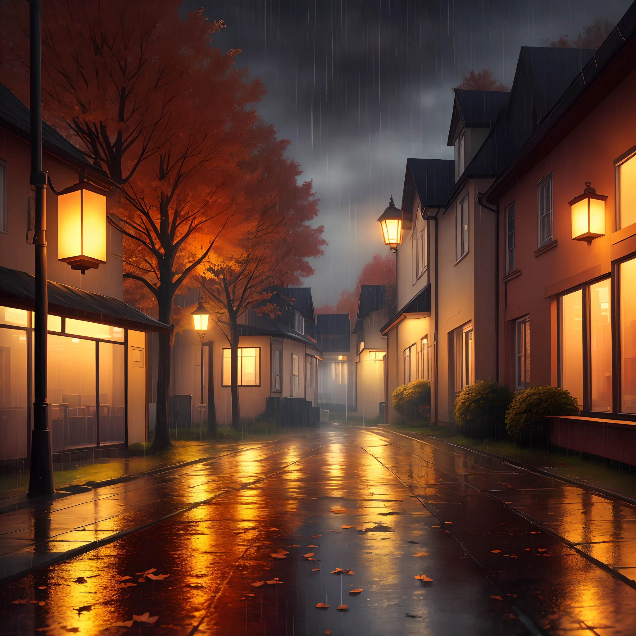 Create an image: Season: autumn, Rainy weather,Evening time of the day