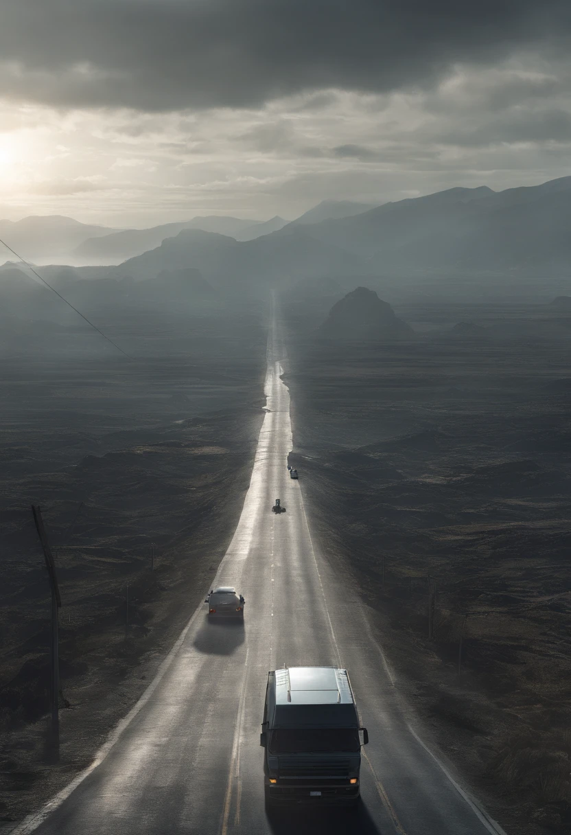 The protagonist drives,Get lost on the vast highway。Completely realistic, Full high resolution, Well made,detail-rich